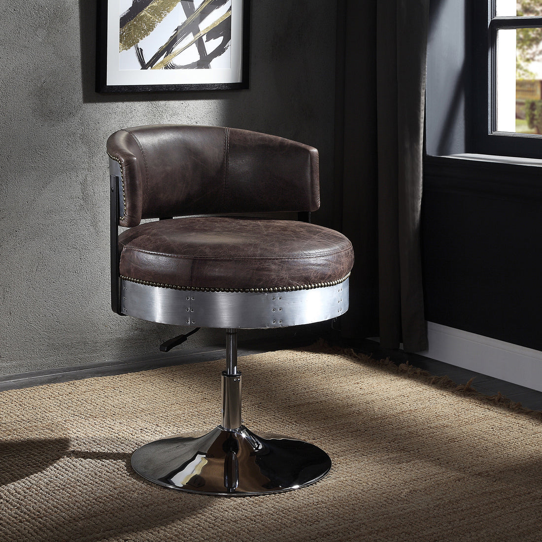 Distress Chocolate And Chrome Adjustable Swivel Stool Chocolate Primary Living Space Modern Leather