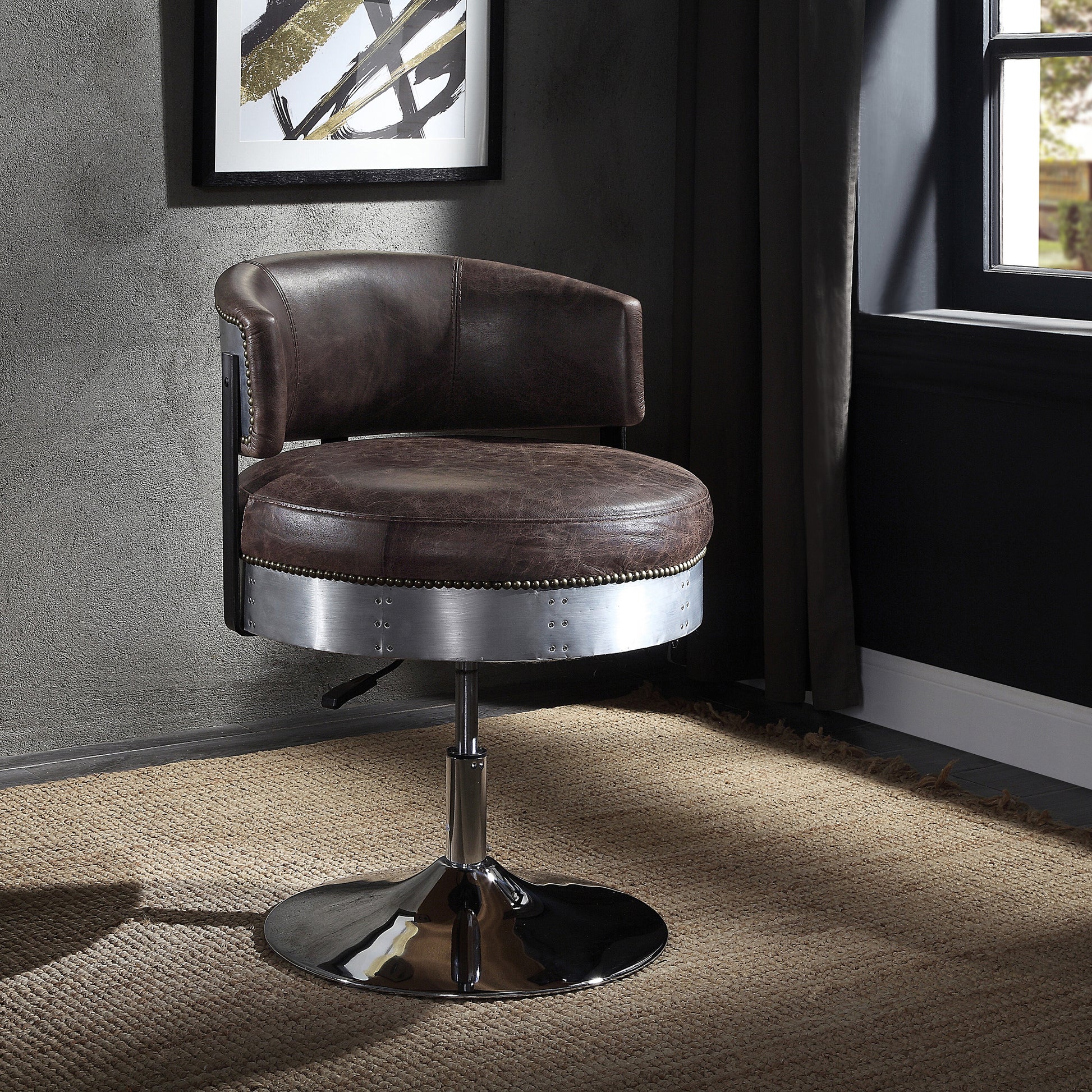 Distress Chocolate And Chrome Adjustable Swivel Stool Chocolate Primary Living Space Modern Leather