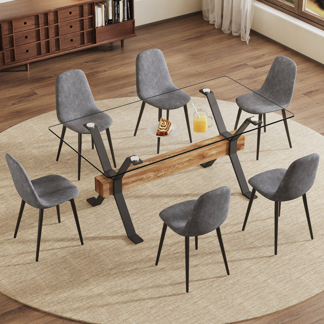 Dining Table. Modern Tempered Glass Dining Table. Large Modern Office Desk With Black Metal Legs And Mdf Crossbars, Suitable For Home And Office Use. 6 High End Cushioned Seats.F1105 B0501A Transparent Mdf Glass