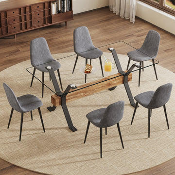 Dining Table. Modern Tempered Glass Dining Table. Large Modern Office Desk With Black Metal Legs And Mdf Crossbars, Suitable For Home And Office Use. 6 High End Cushioned Seats.F1105 B0501A Transparent Mdf Glass