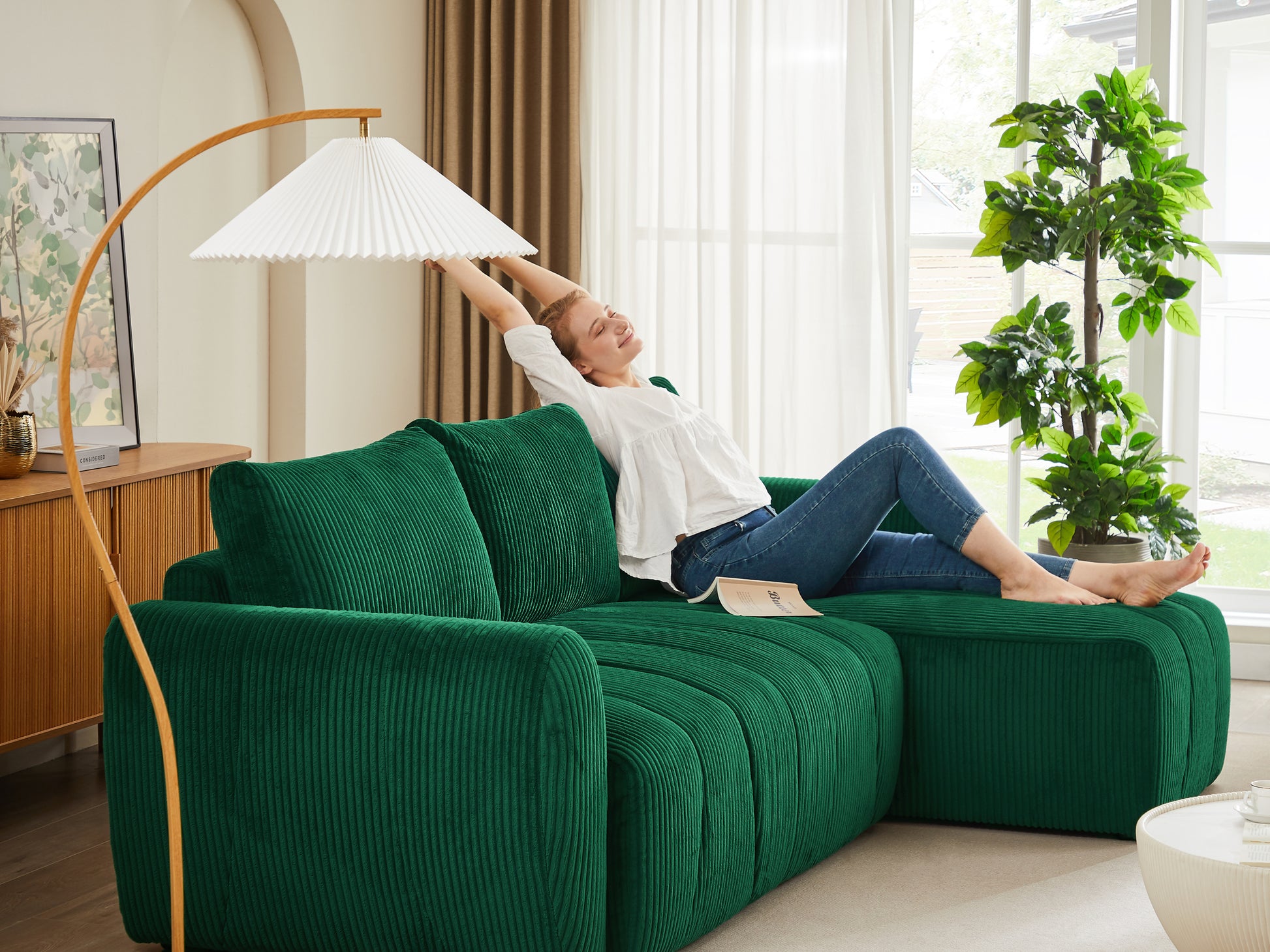 Convertible Sectional Sofa Couch, Modern Fabric 3 Seater L Shaped Couch For Living Room, Apartment, Office, Small Space Dark Green Corduroy 5 Seat