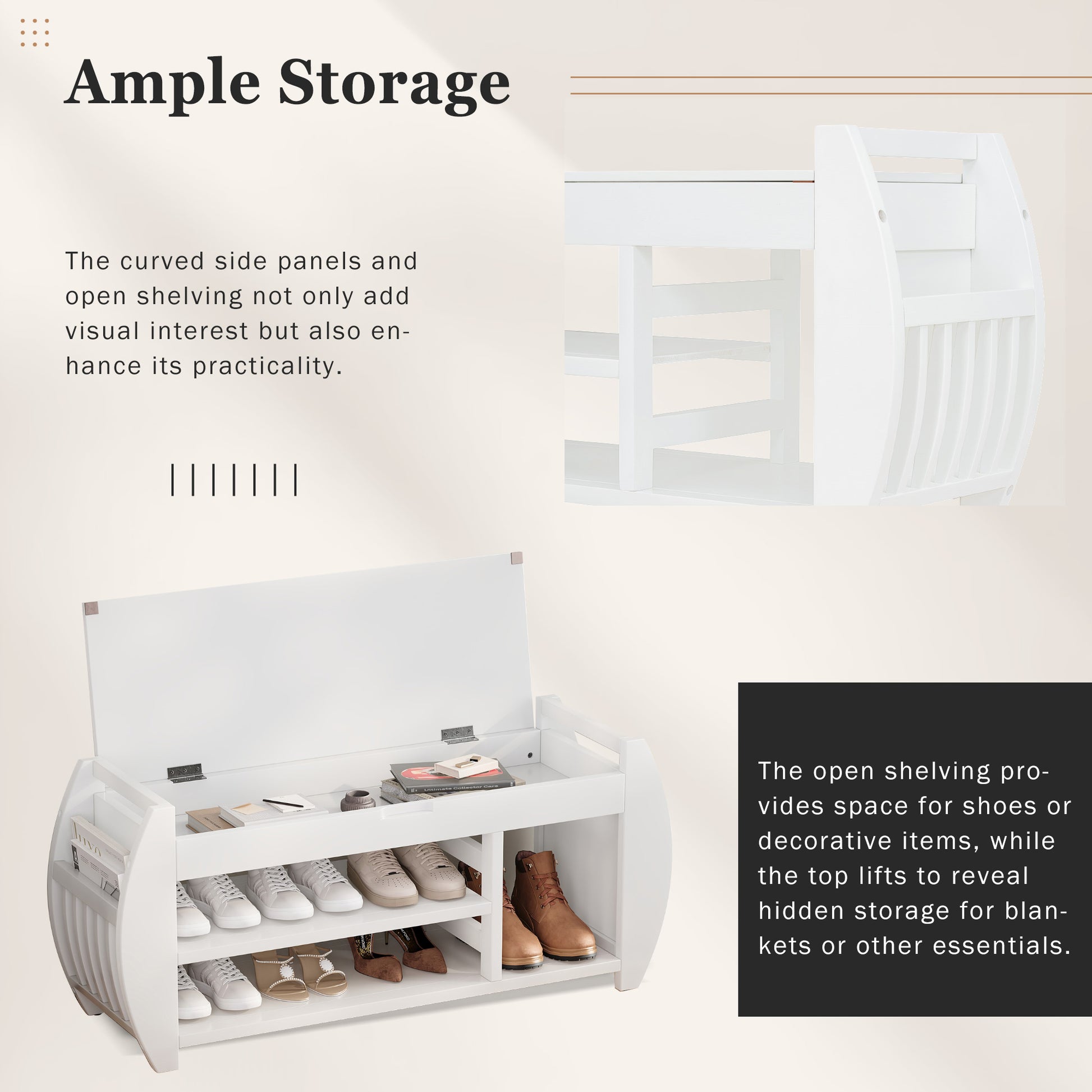 Retro Multifunctional Storage Bench With Cushion And Curved Side Panel For Entrance And Living Room Antique White Antique White Mdf