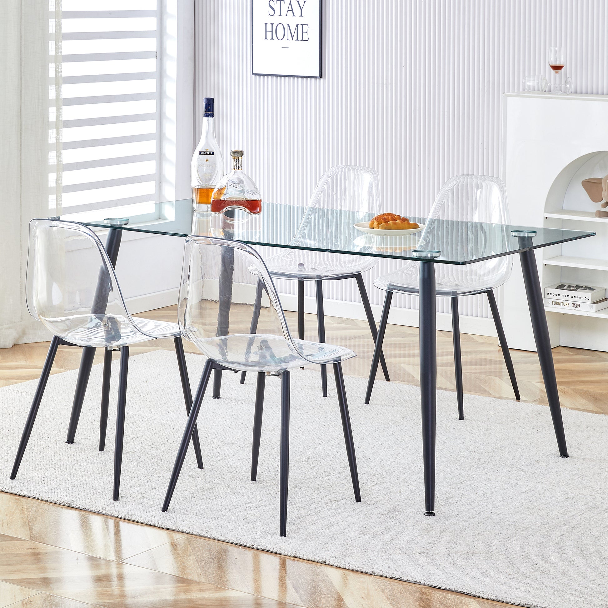 1 Table And 4 Chairs. Rectangular Table, Transparent Tempered Glass Tabletop, And Black Metal Table Legs. Paired With 4 Black Metal Leg Chairs. Dt 1544 Tw 1200 Transparent Seats 4 Glass Metal