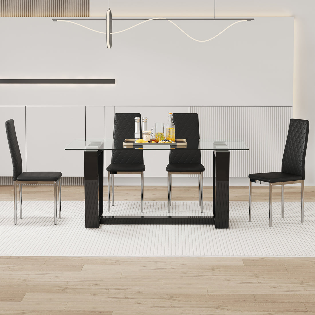 Table And Chair Set.A Rectangular Dining Table Features With Tempered Glass Top And Sleek Black Mdf Stand.Paried With 4 Pu Chairs With Checkered Armless High Back And Electroplated Metal Legs. Black,Transparent Seats 4 Mdf Glass