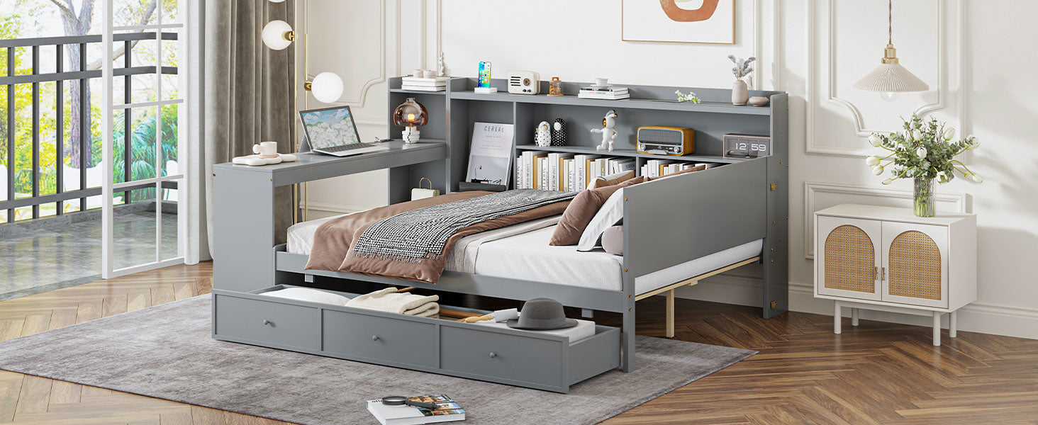 Full Size Wooden Daybed With 3 Drawers, Usb Ports And Deskgray Full Gray Wood