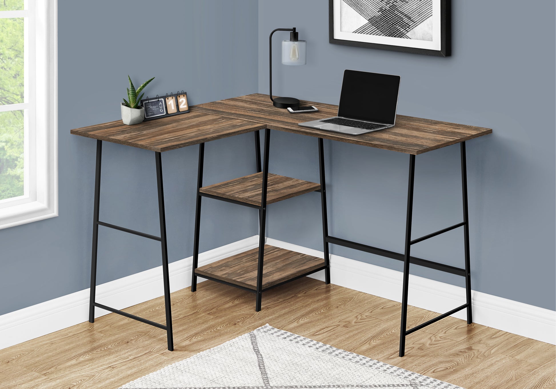 Computer Desk, Home Office, Corner, Storage Shelves, 48"L, L Shape, Work, Laptop, Brown Laminate, Black Metal, Contemporary, Modern Brown Metal