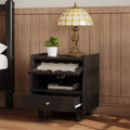 Wooden Nightstand With Rattan Woven Storage Cabinet And 1 Drawer, Exquisite Elegance With Natural Storage Solutions For Bedroom, Black Black 1 Drawer Wood