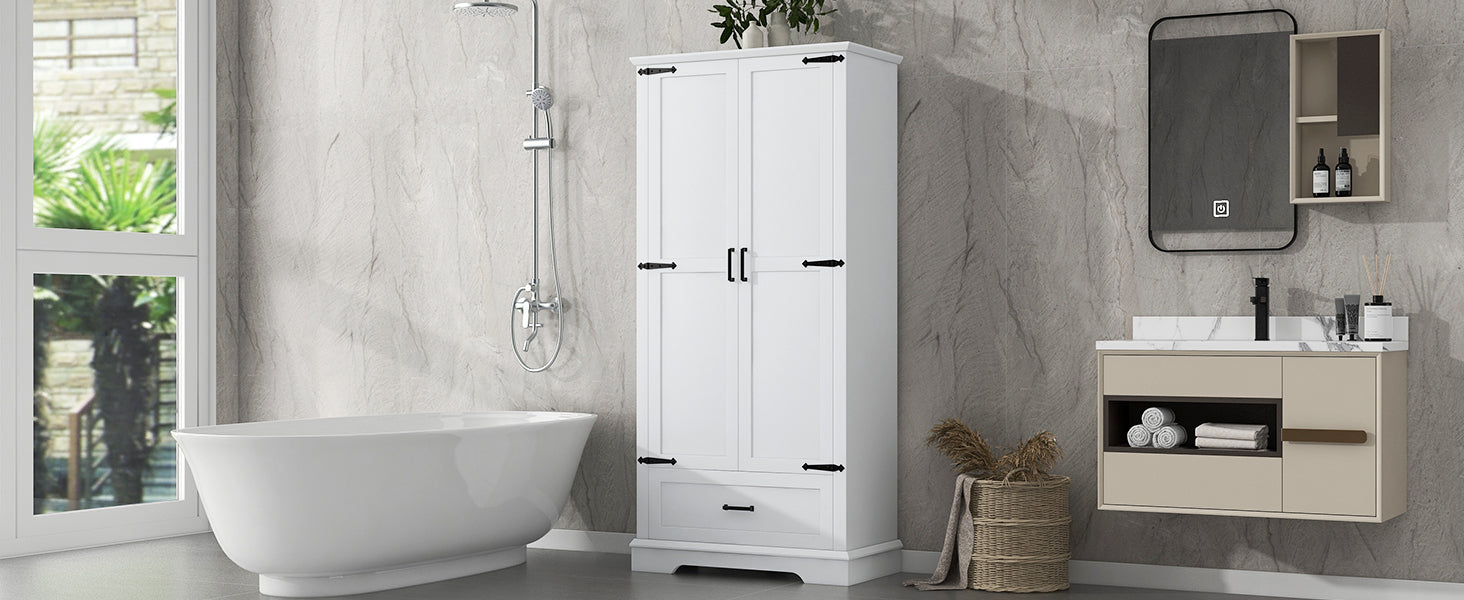 Tall Bathroom Storage Cabinet, Cabinet With Two Doors And One Drawer, Adjustable Shelf, Mdf Board, White White Mdf