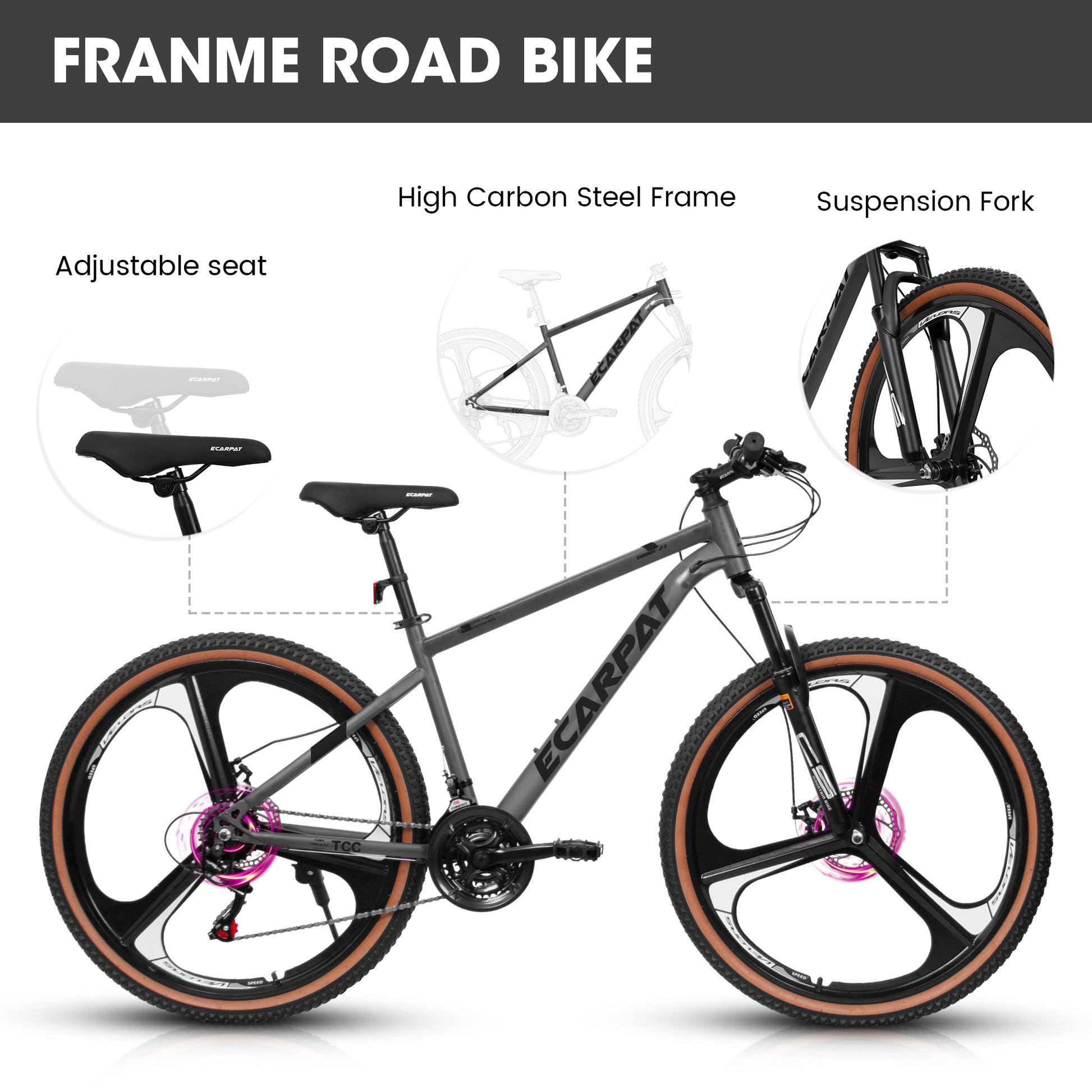 A27301M Mountain Bike 27.5 Inch Wheels, 21 Speed Road Bicycle With Dual Disc Brakes For Men And Women,High Carbon Steel Frame Front Fork Bicycles, Adult Faster Racing Bike Gray Steel