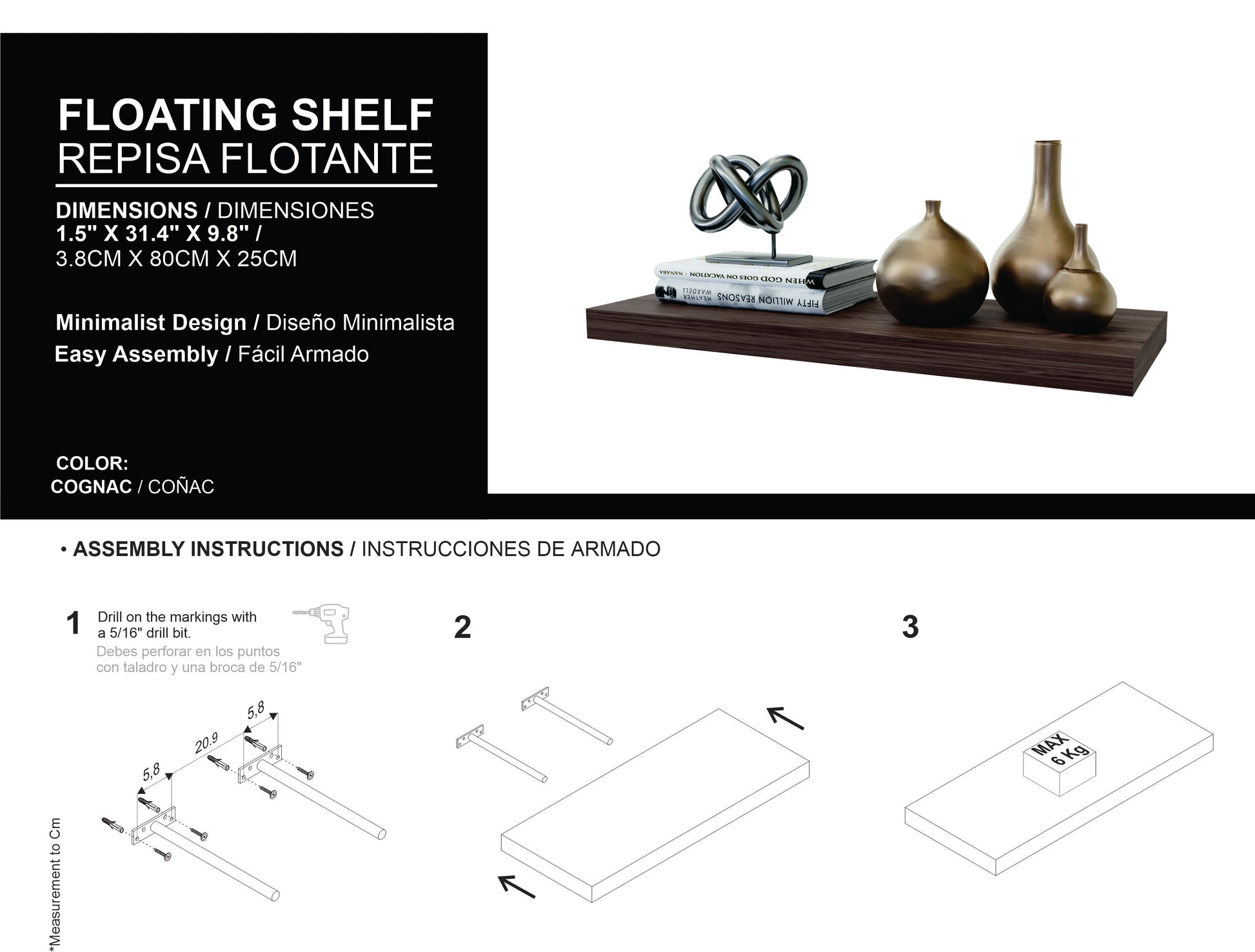 Iva Floating Shelf In Melamine X2, Cognac Cognac Horizontal Minimalist,Modern Pine Wall Mounted Particle Board Melamine