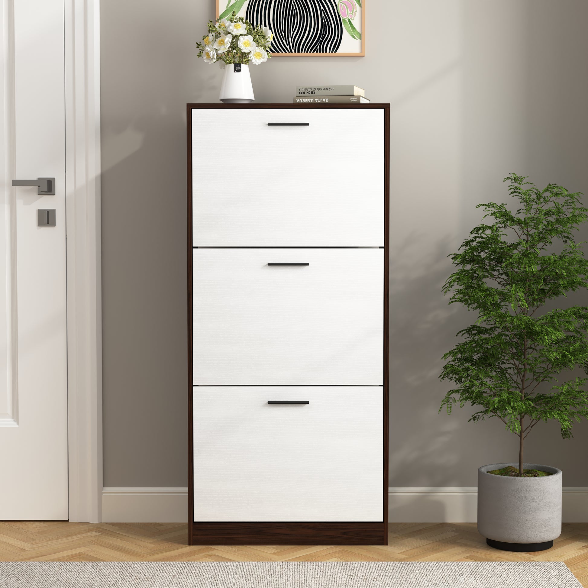 Shoe Storage Cabinet With 3 White Panel Flip Drawers, Freestanding Organizer For Entryway, Narrow Shoe Rack Cabinet 3 4 Spaces Walnut Primary Living Space Particle Board