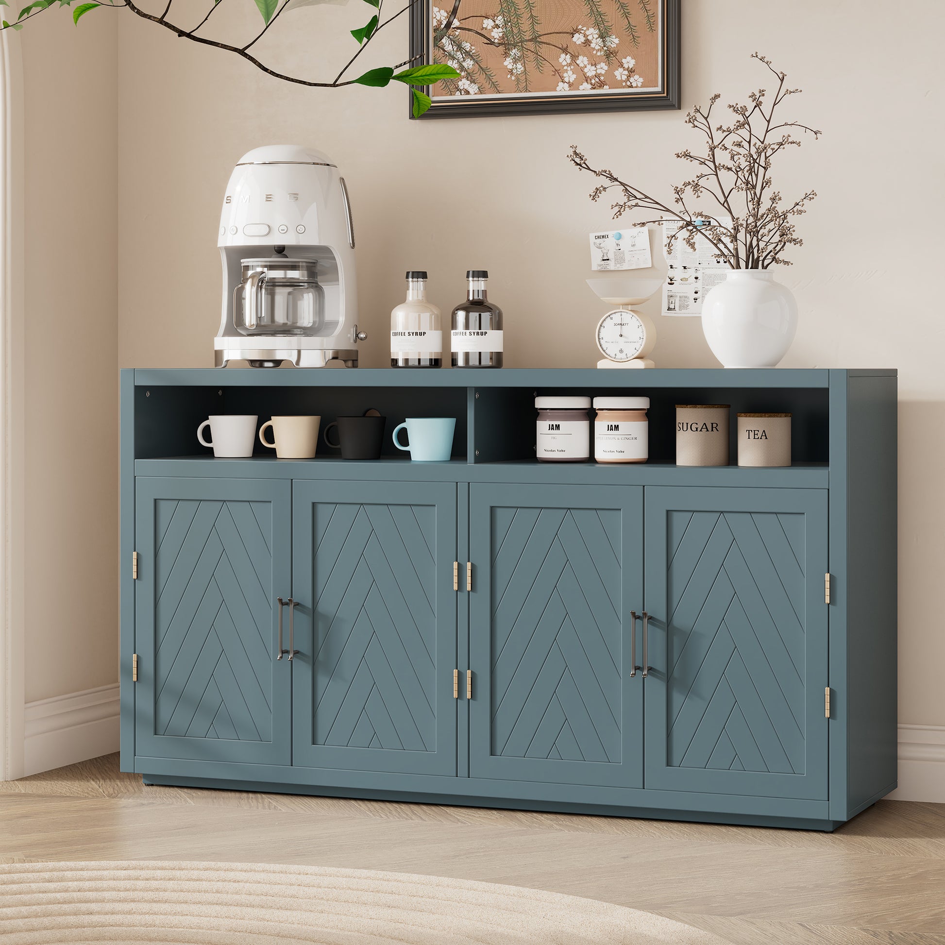 4 Door Classic Sideboard With Open Storage And Adjustable Shelves Perfect For Kitchens, Living Rooms Smoke Blue Smoke Blue Mdf