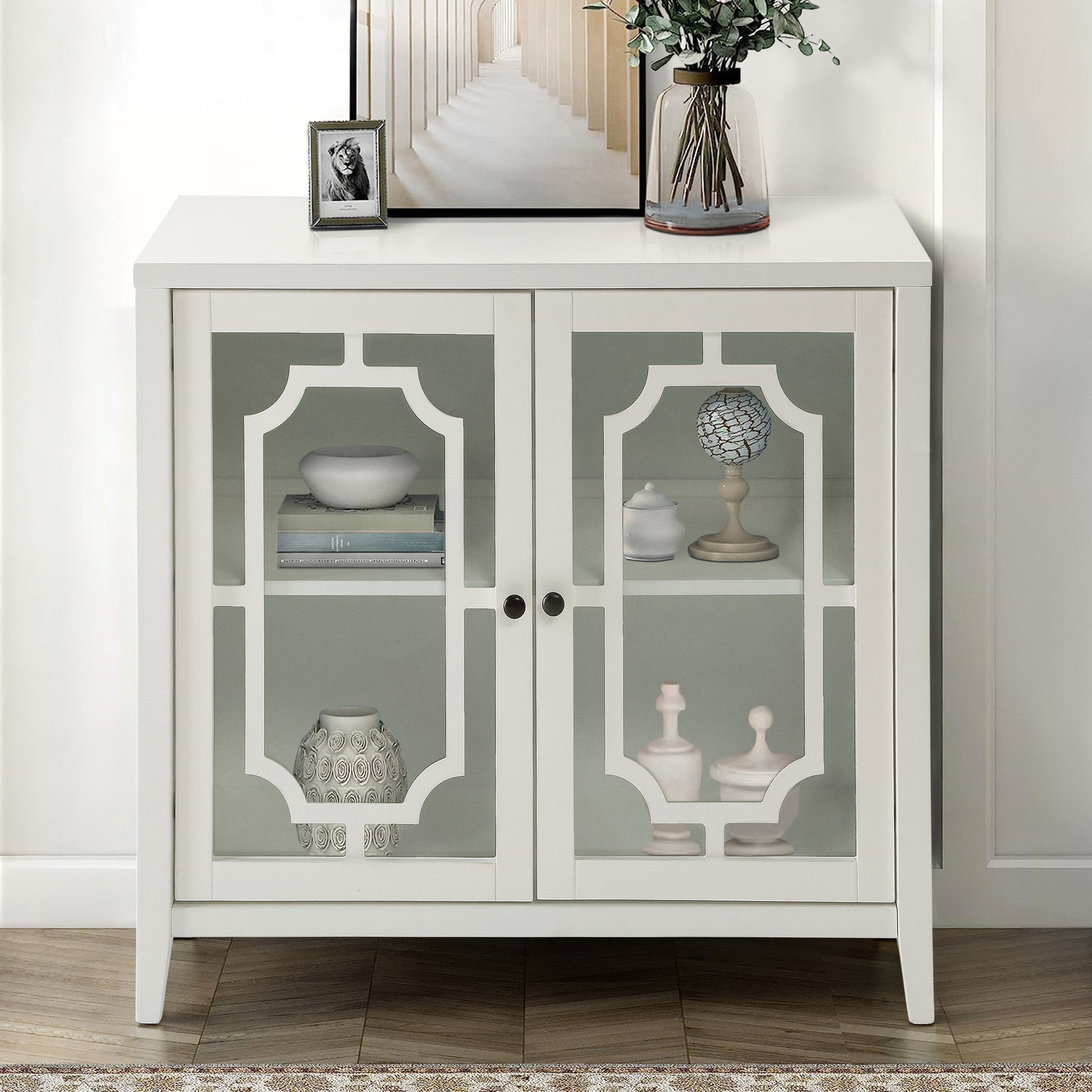 White Console Table With 2 Doors White Primary Living Space Shelves Rectangular Wood Glass
