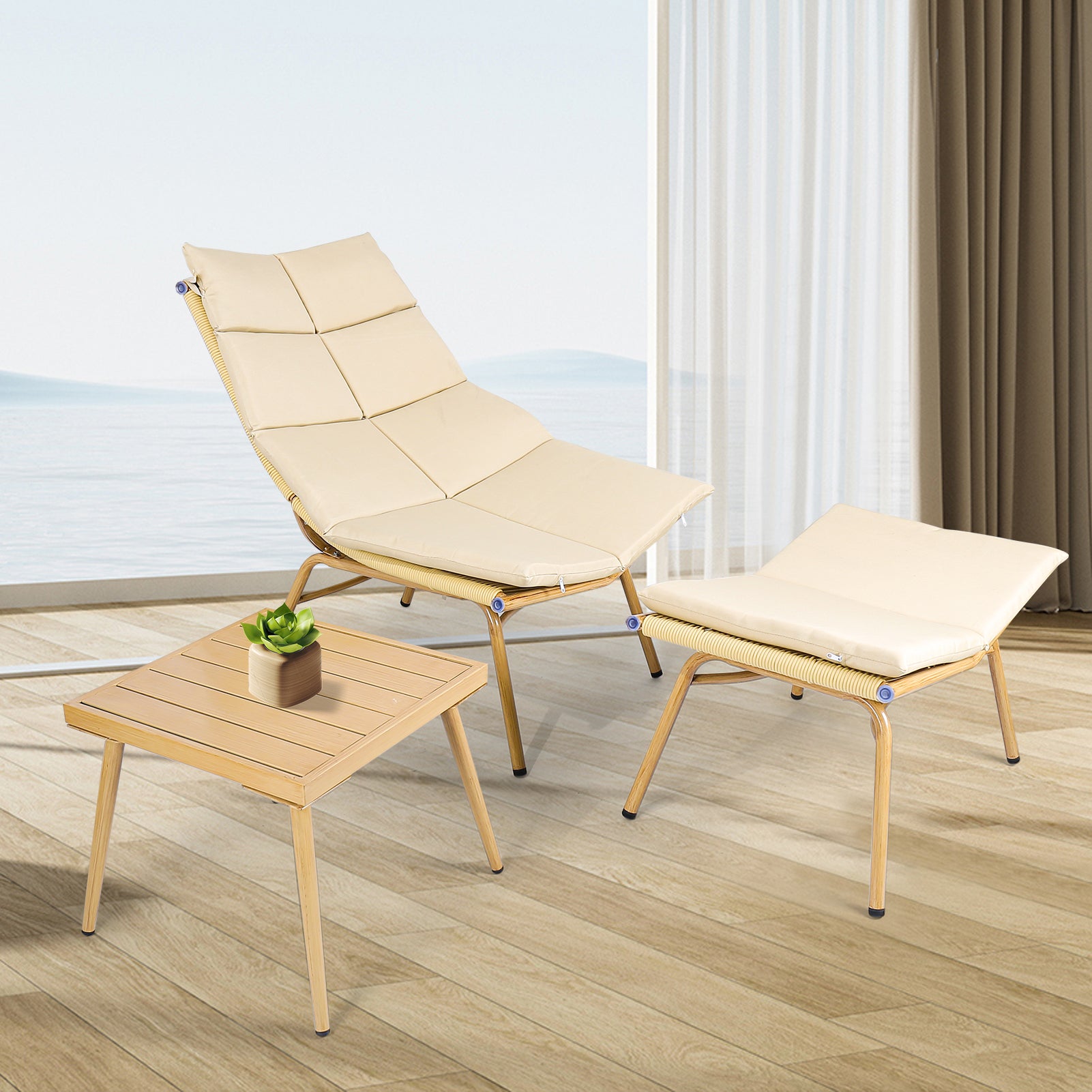 Chaise Lounge Chair With Table For Outdoor Indoor Wood Color Alloy Frame 380Lbs Capacity With Cushion Recliner For Camping Gaming Lunch Break Garden Party Sunbathing Gold Brown Rattan Metal