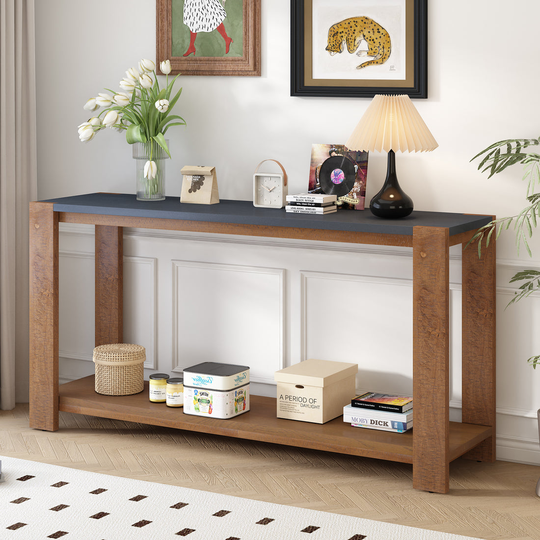 Distinctive Features Of A Minimalist Console Table With Bottom Shelf And Four Legs, Suitable For Entryway, Hallway, Living Room, Foyer, Corridor Black Brown Primary Living Space American Design Shelves Mdf