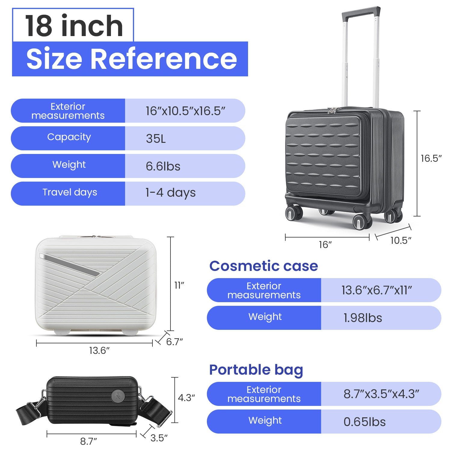 18" Carry On Luggage With Front Open Door &Laptop Interlayer, Hard Shell Suitcase Built In Tsa Luggage Lock, Hardside Lightweight Pc Travel Suitcase For Women Men With Spinner Wheels Airline Approved Gray Pc