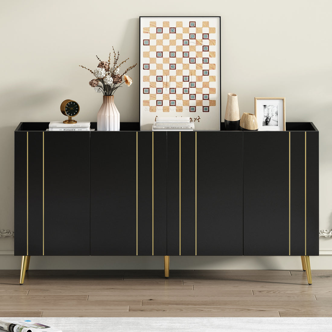 Luxurious Shoe Cabinet With 5 Metal Legs, Modern Tv Stand With 4 Adjustable Shelves For Tvs Up To 70", Minimalist Sideboard Cabinet With Gold Lines Doors For Living Room,62.9"X 31.4",Black Black