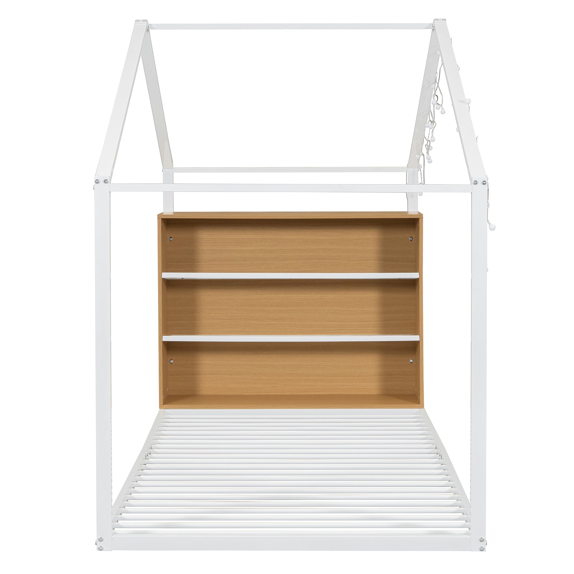 Twin Size Metal Bed House Bed Frame With Shelves And Lights, White Twin White Metal & Wood