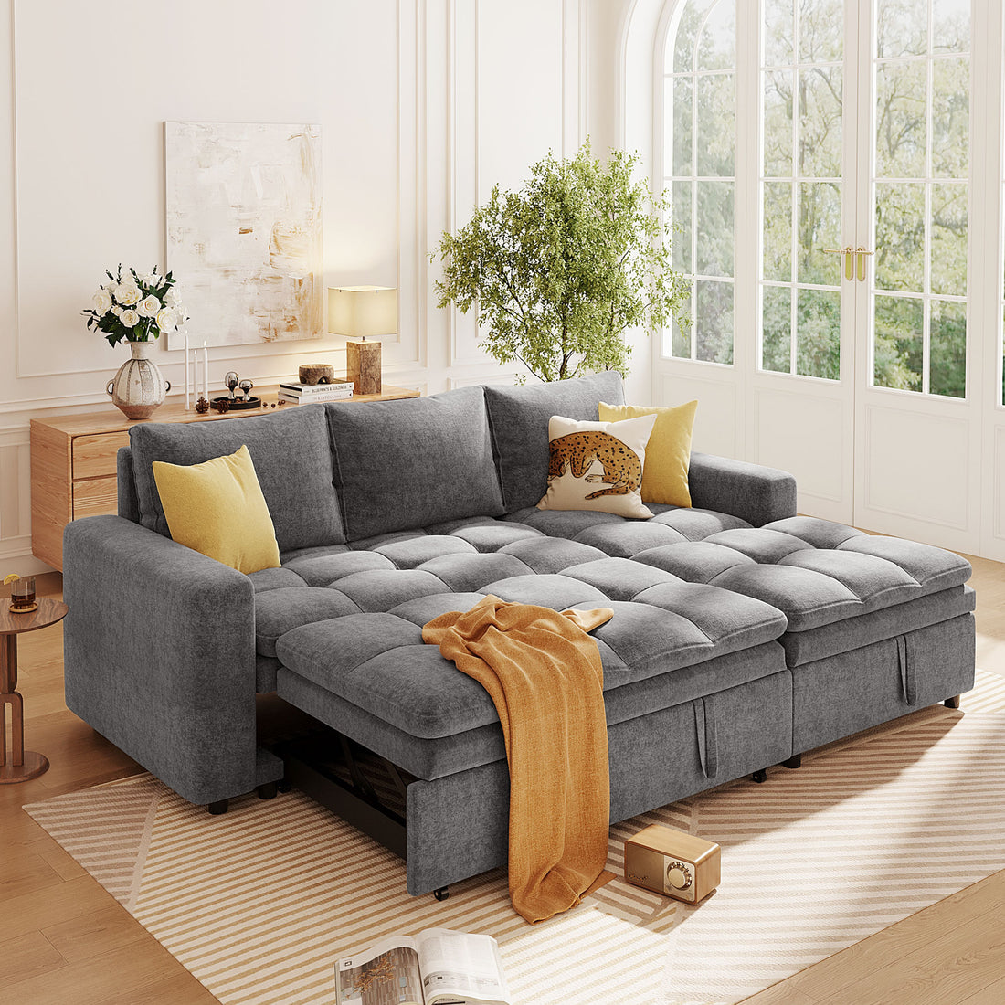 Soft Upholstered Sectional Sofa Bed With Storage Space, Suitable For Living Rooms And Apartments. Gray Wood Polyester 3 Seat