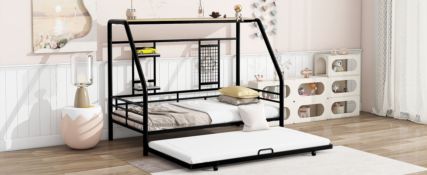 Twin Size Metal House Bed With Trundle, Black Twin Black Metal