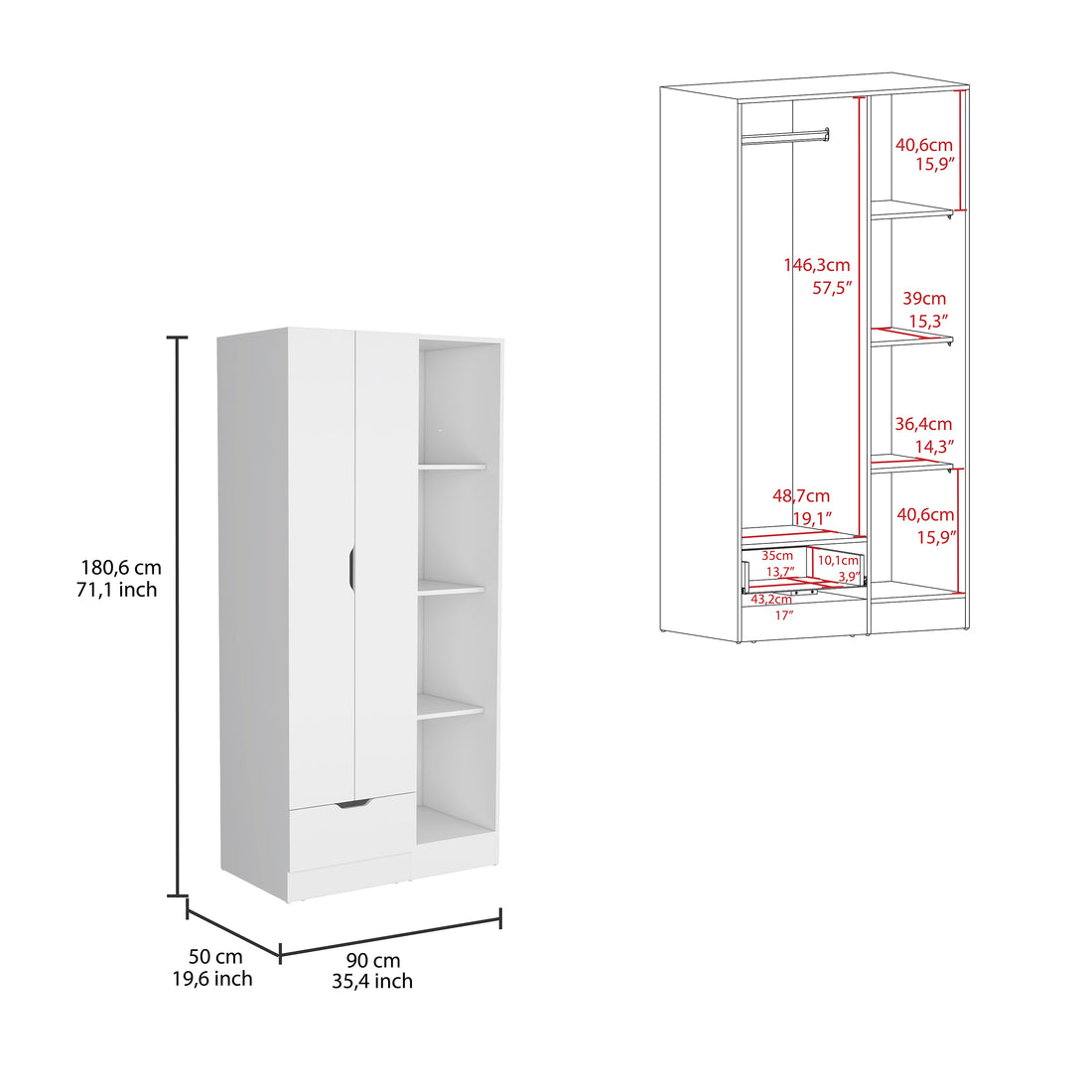 Memphis Wardrobe Armoire With 4 Tier Storage Shelves And 1 Drawer White White Particle Board