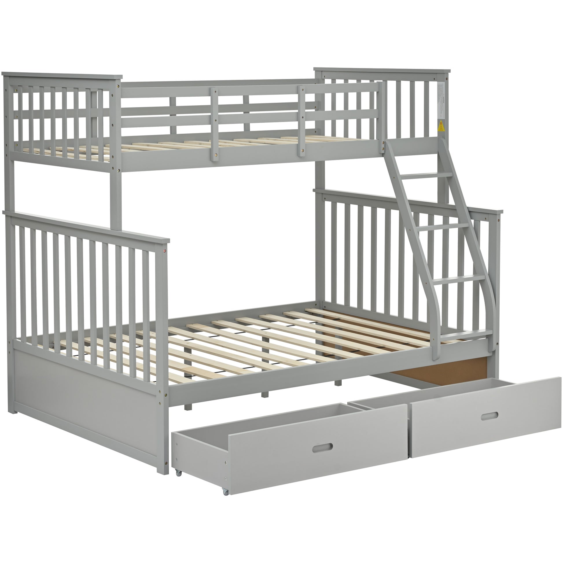 Twin Over Full Bunk Bed With Storage Drawers, Wooden Bunk Bed With Ladder And Safety Guard Rails Gray Full Gray Wood
