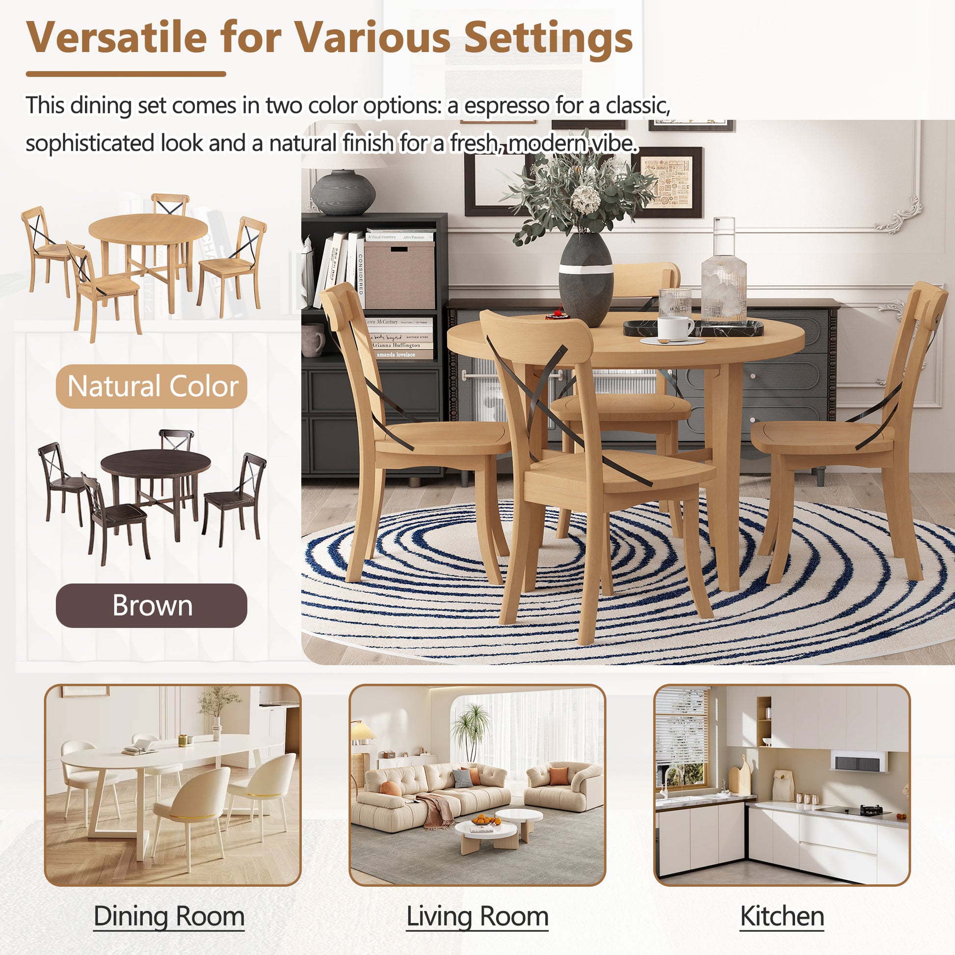 5 Piece Dining Set, Retro Simple Round Table And 4 Chairs With X Shaped Backrest For Kitchen, Dining Room And Living Room Natural Natural Rubber Wood