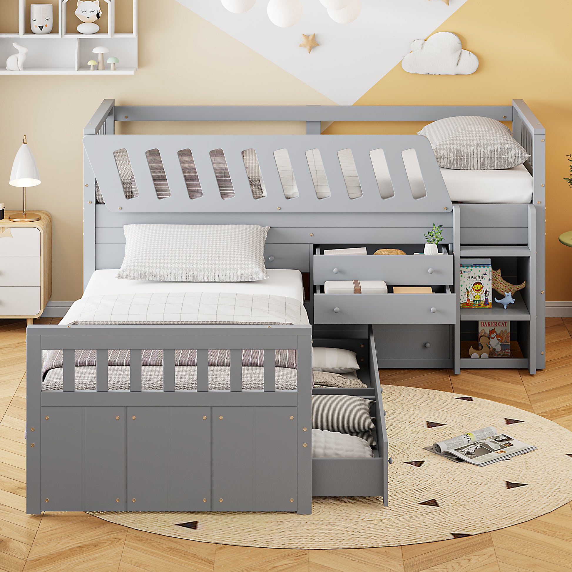 L Shaped Space Saving Twin Loft And Twin Platform Bed With 7 Drawers And Full Guardrails Gray Twin Gray Solid Wood