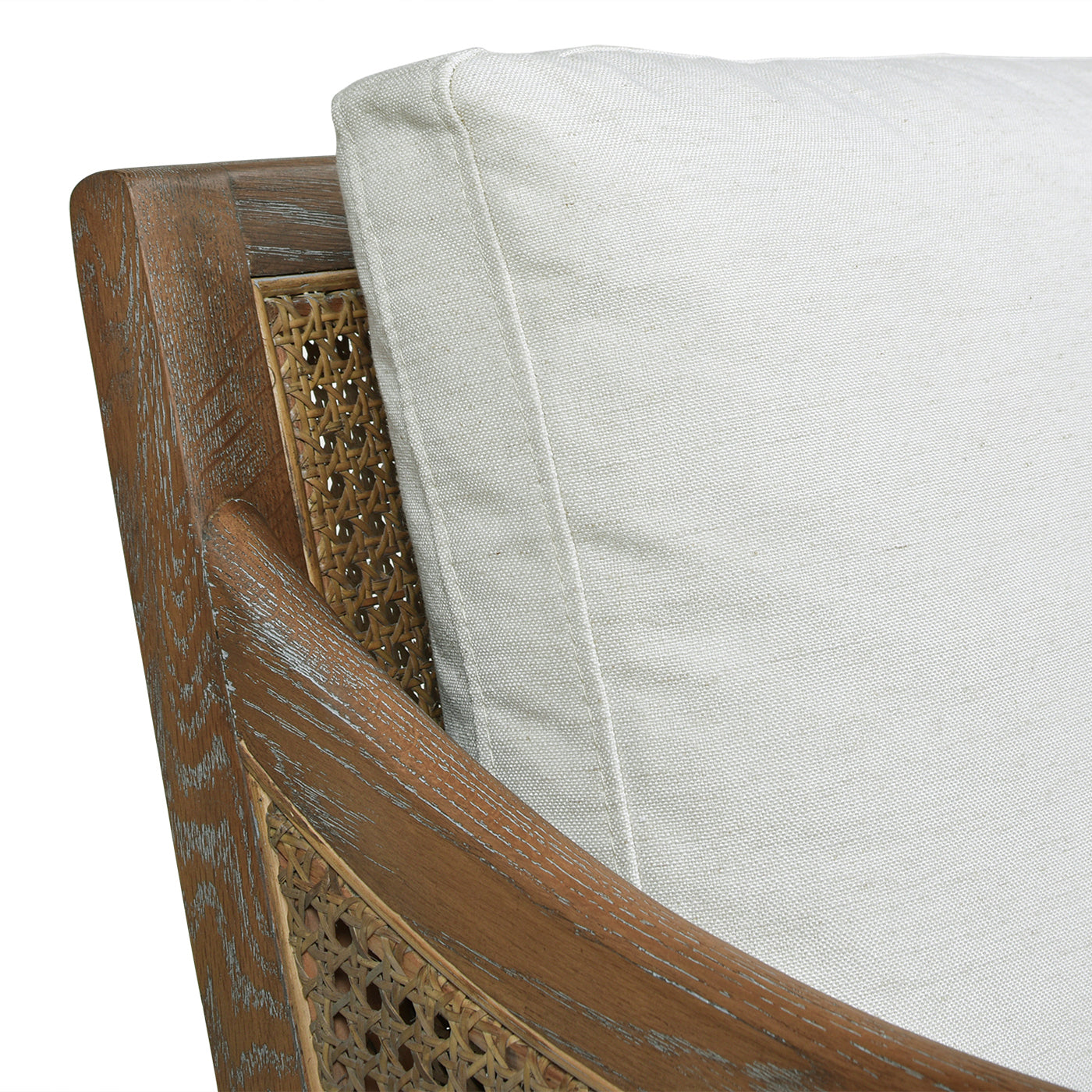 Ontario 24.5" Oak & Rattan Upholstered Accent Arm Chair, Natural White Linen White Foam Wood Fabric Rattan