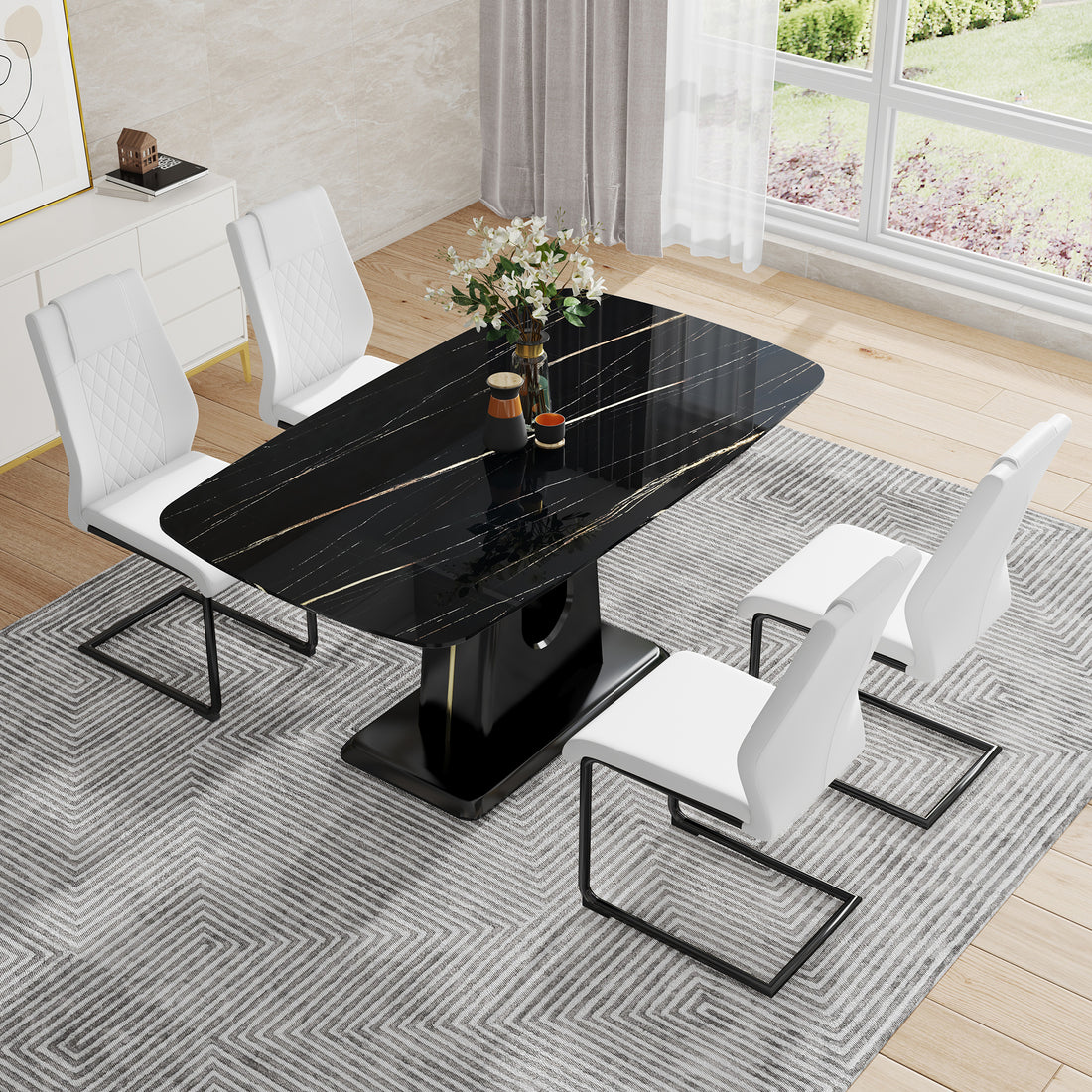 Table And Chair Set, Minimalist Dining Table, Imitation Marble Patterned Glass Tabletop, Mdf Legs With U Shaped Brackets. Paired With Comfortable Chairs, Suitable For Dining And Living Rooms. Black Mdf Glass