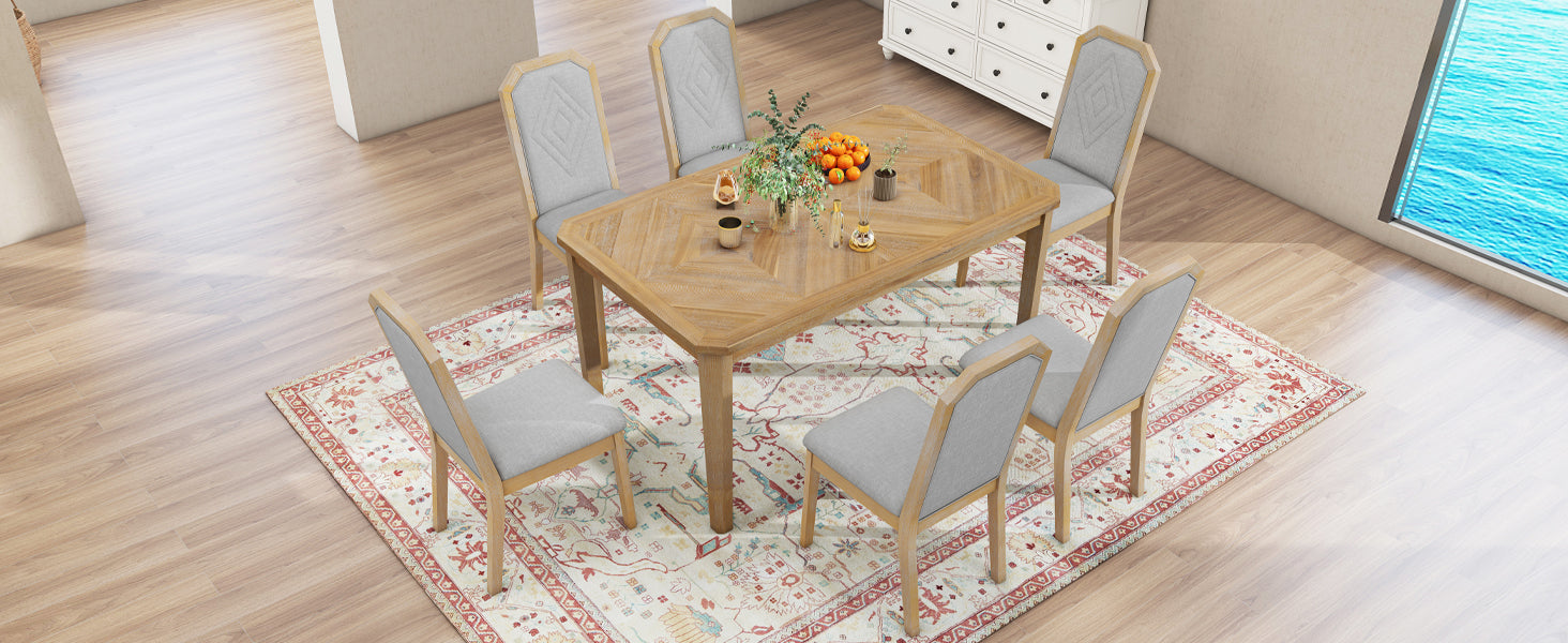 7 Piece Farmhouse Dining Set Classic Rustic Table And 6 High Back Design Chairs For Dining Room, Kitchen Natural Wood Wash Natural Wood Wash Solid Wood Mdf