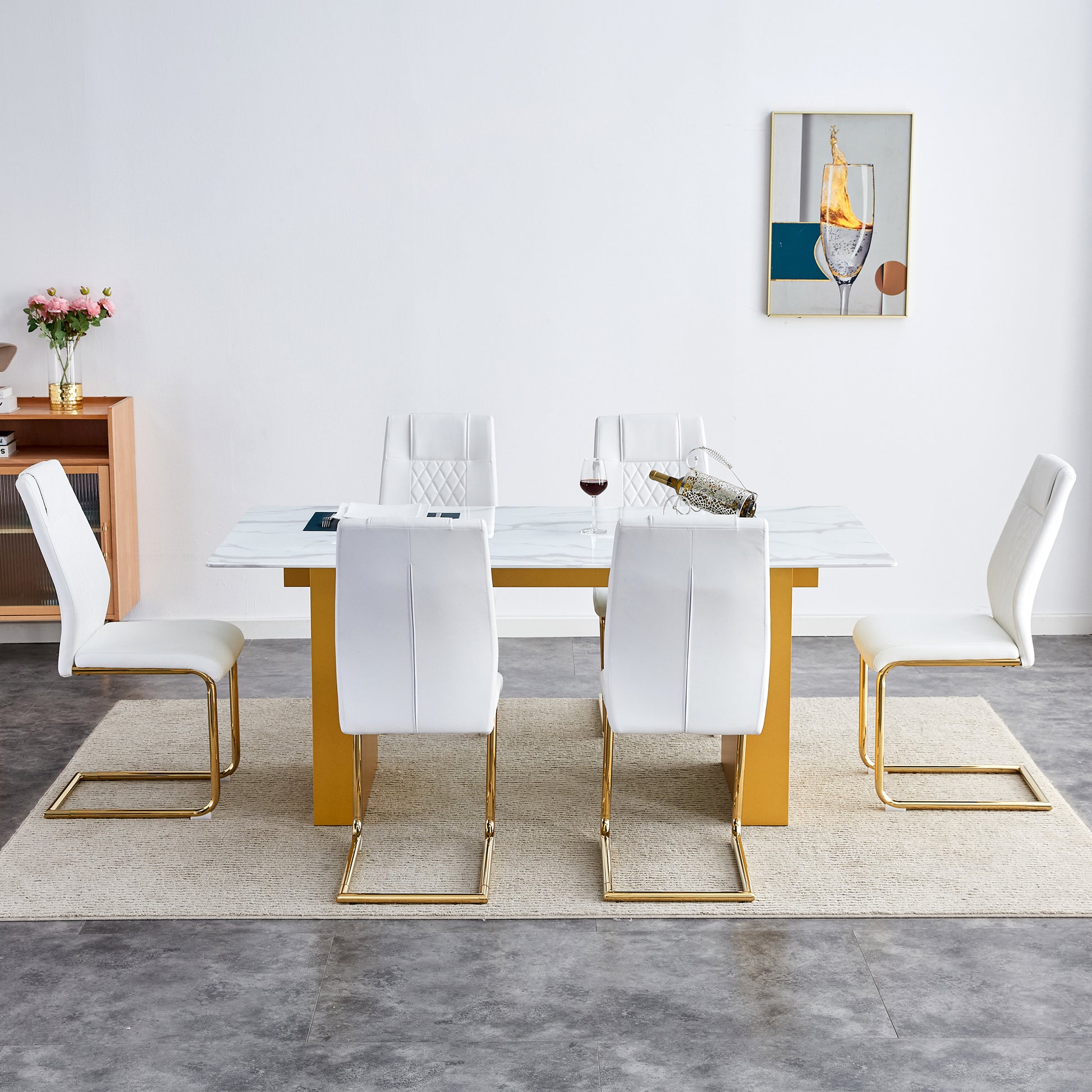 Table And Chair Set.Large Modern Rectangular Table With 0.4 Inch Patterned Glass Tabletop And Large Mdf Table Legs.Comes With 6 Chairs With Faux Leather Cushioned Seats And Golden Metal Legs. Gold White Seats 6 Mdf Glass