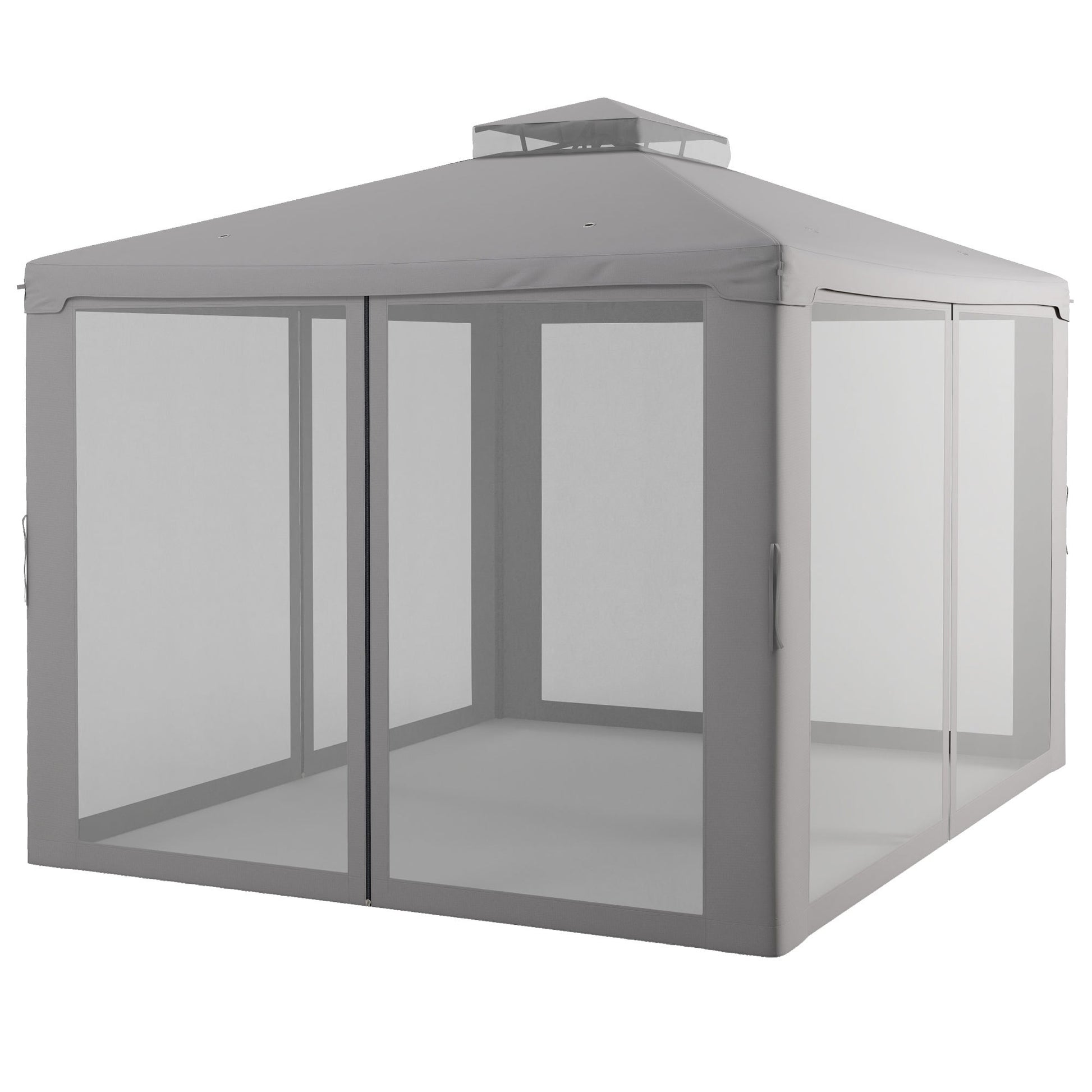 Outsunny 9.6' X 11.6' Patio Gazebo, Outdoor Canopy Shelter With 2 Tier Roof And Netting, Steel Frame For Garden, Lawn, Backyard, And Deck, Gray Grey Polyester