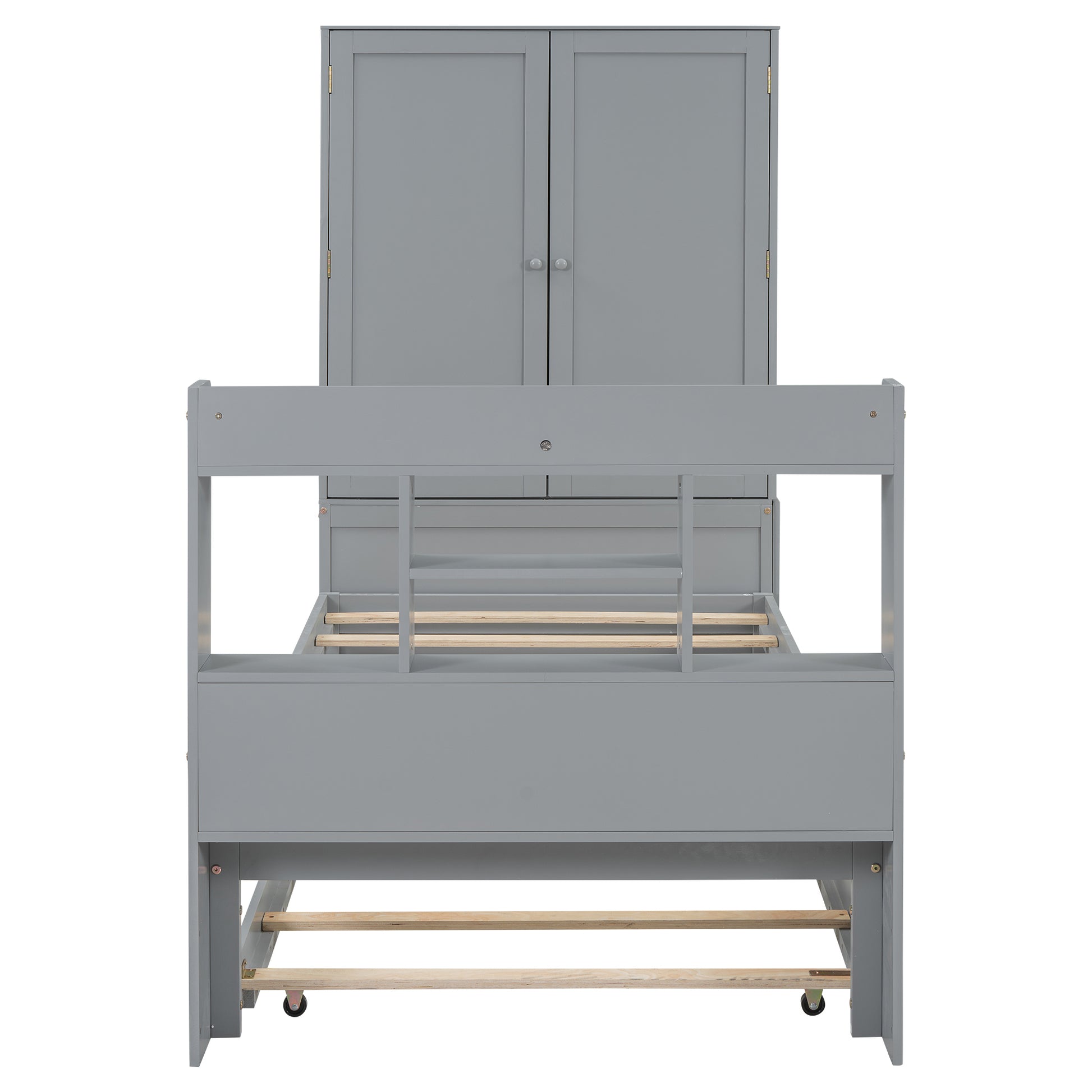 Twin Size Platform Bed With Storage Headboard And Footboard, Pull Out Shelves And Twin Size Trundle, Gray Box Spring Not Required Twin Gray Wood Bedroom Bed Frame Solid Wood Mdf