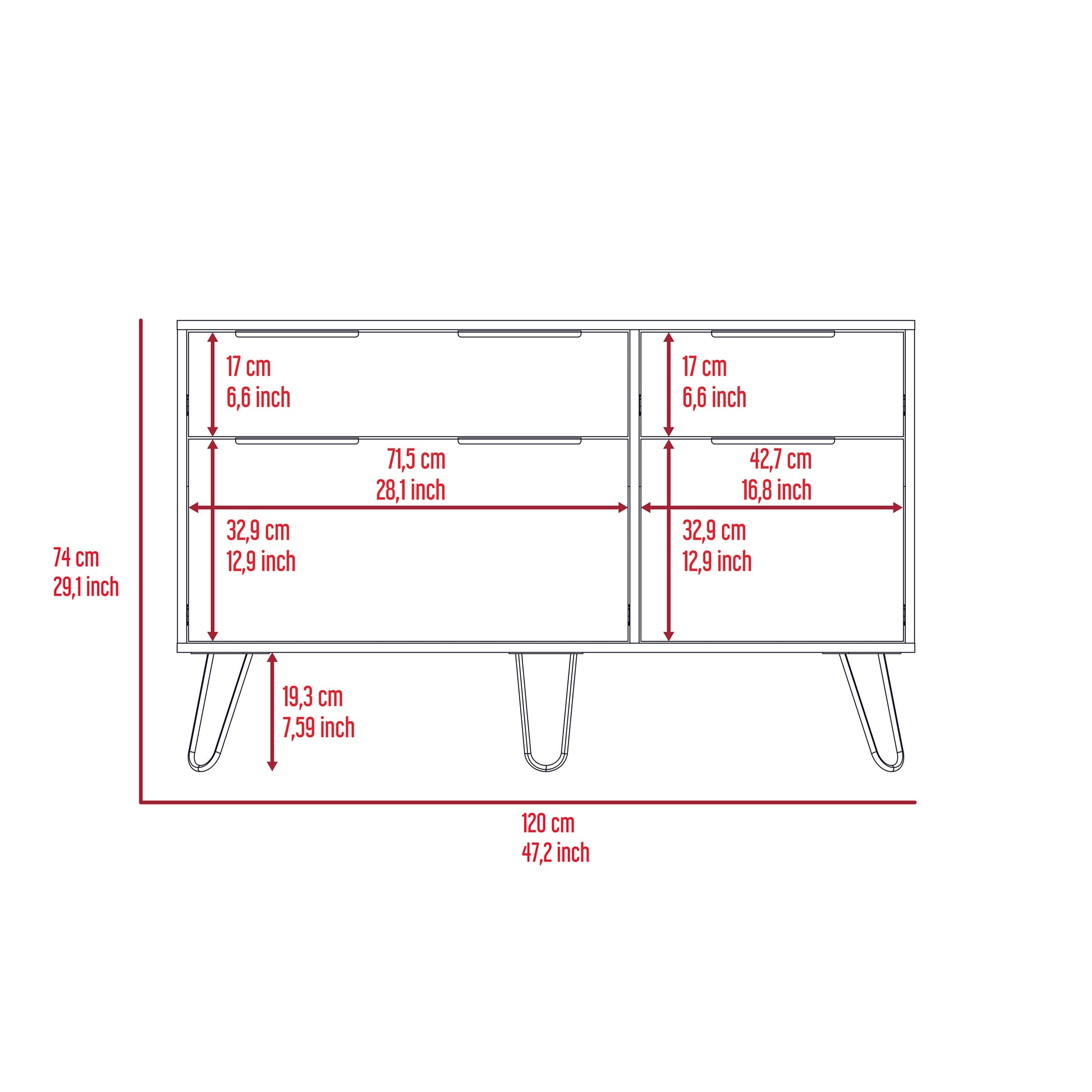 Augusta Double Dresser, Superior Top, Hairpin Legs, Four Drawers Light Oak Light Oak Bedroom Modern Particle Board