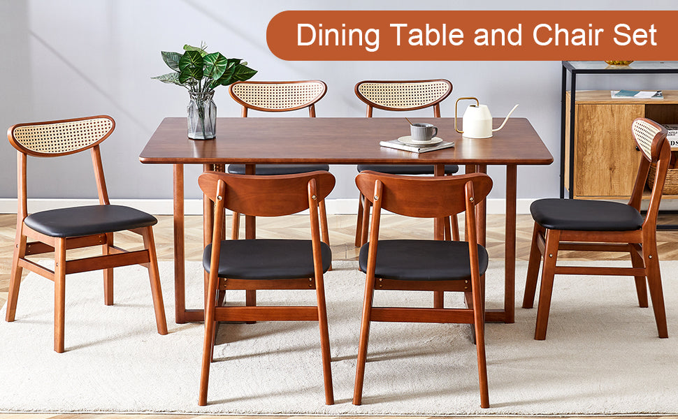 Table And Chair Set, Ancient Style Solid Wood Dining Table, Imitation Rattan Table Legs, Beautiful Simple Solid Wood Dining Chair, Perfect For Dinner, Meetings, Home And Office Decoration Walnut Rubber Wood