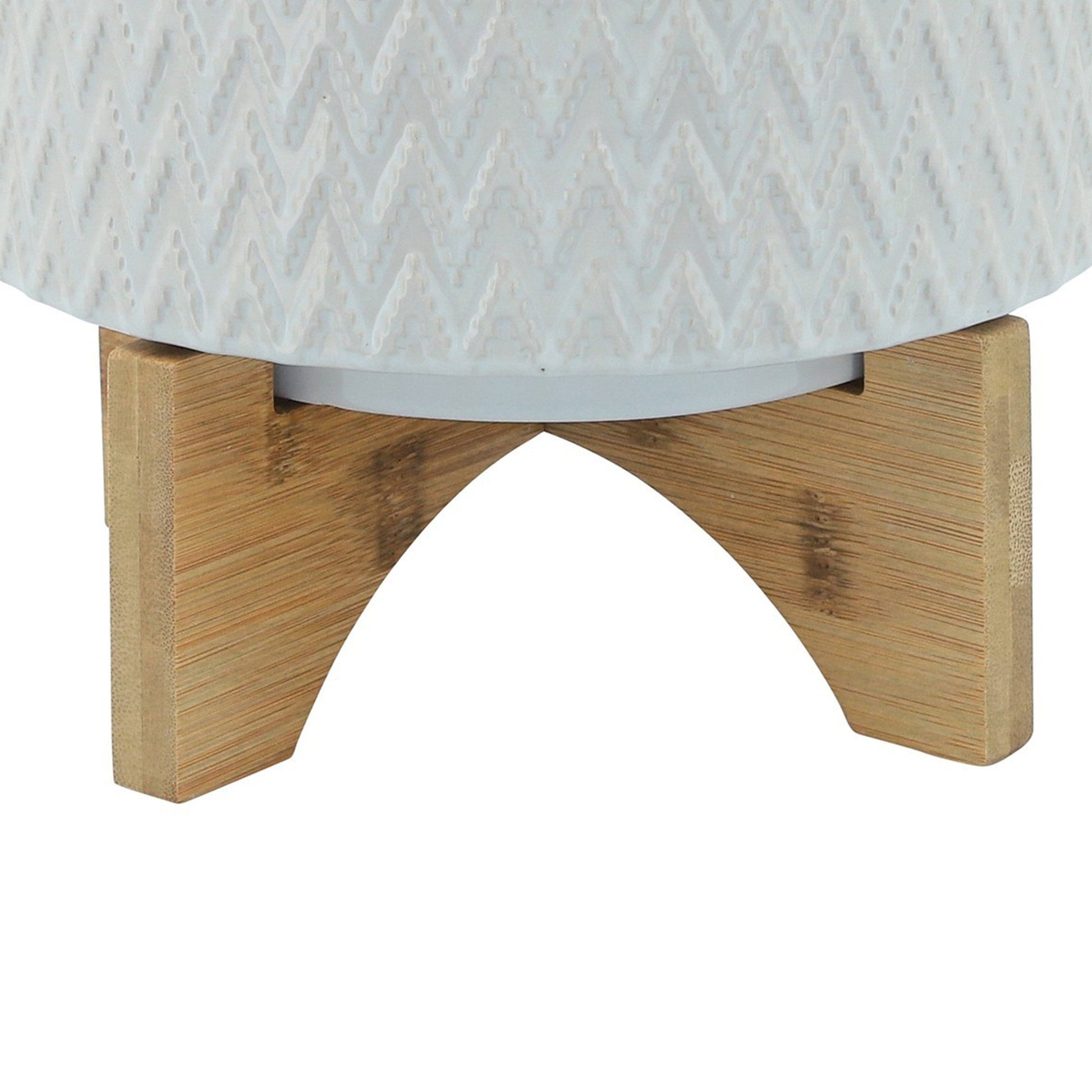 Ceramic Planter With Chevron Pattern And Wooden Stand, Small, White White Wood