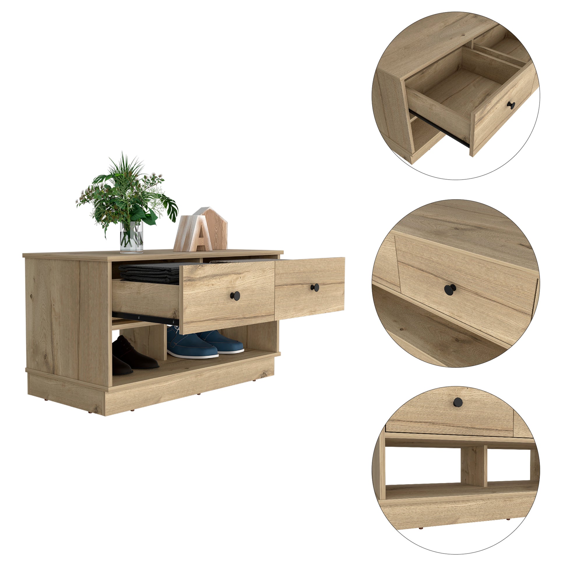 Tulip Storage Bench, Two Drawers, Two Shelves Beige Melamine Engineered Wood