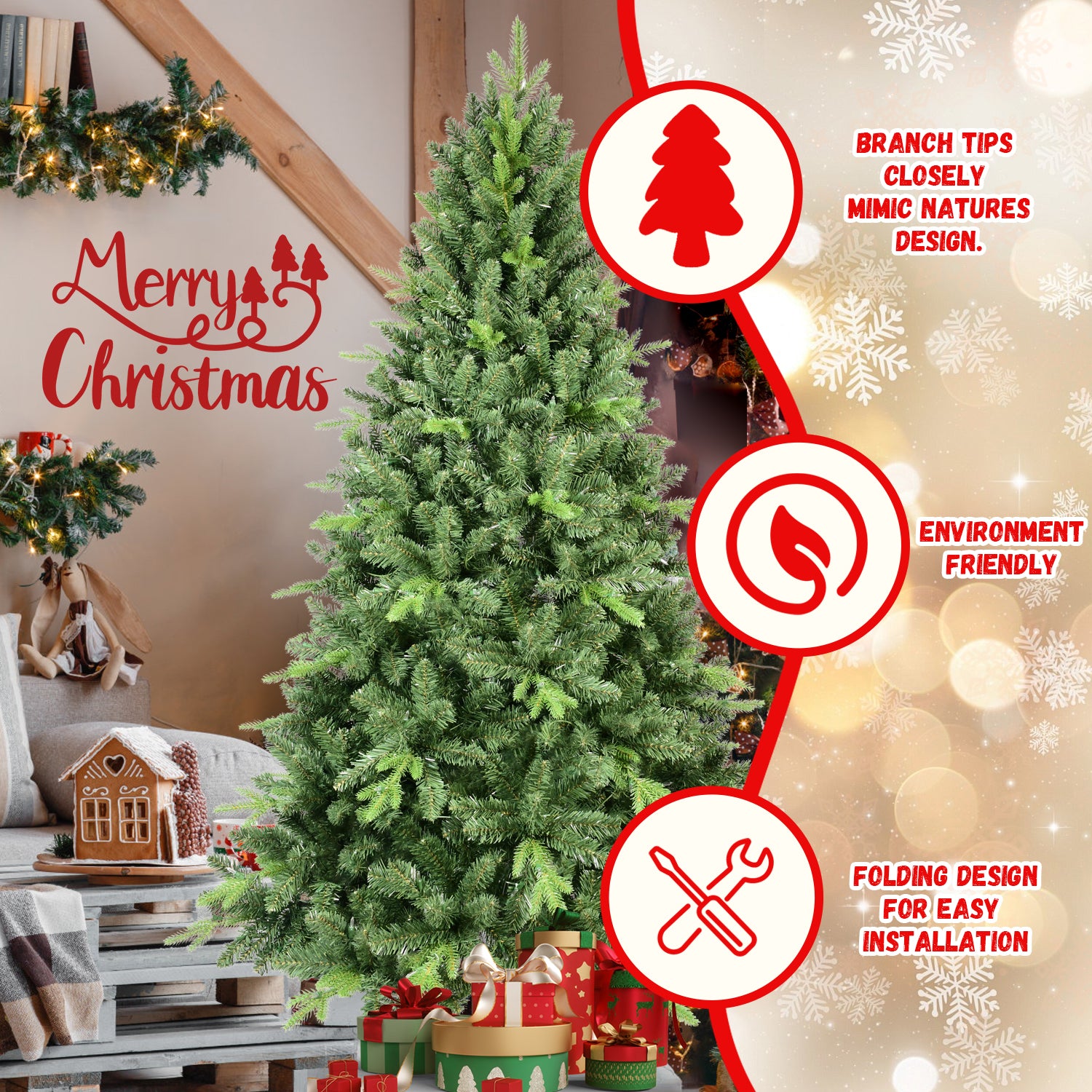 9Ft Artificial Christmas Tree With 3509 Pe&Pvc Mixed Branch Tips, Unlit Hinged Premium Spruce Fake Xmas Trees, Hinged Branch & Foldable Base, Green Green Polyethylene