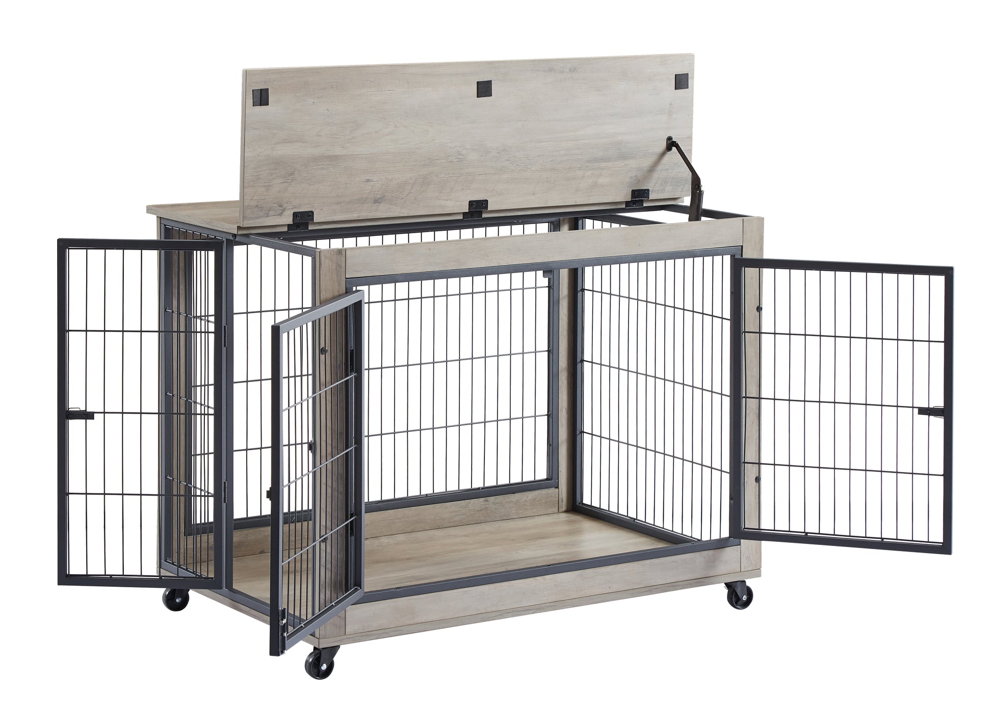 Furniture Style Dog Crate Side Table On Wheels With Double Doors And Lift Top.Grey,38.58''W X 25.5''D X 27.36''H. Grey Particle Board