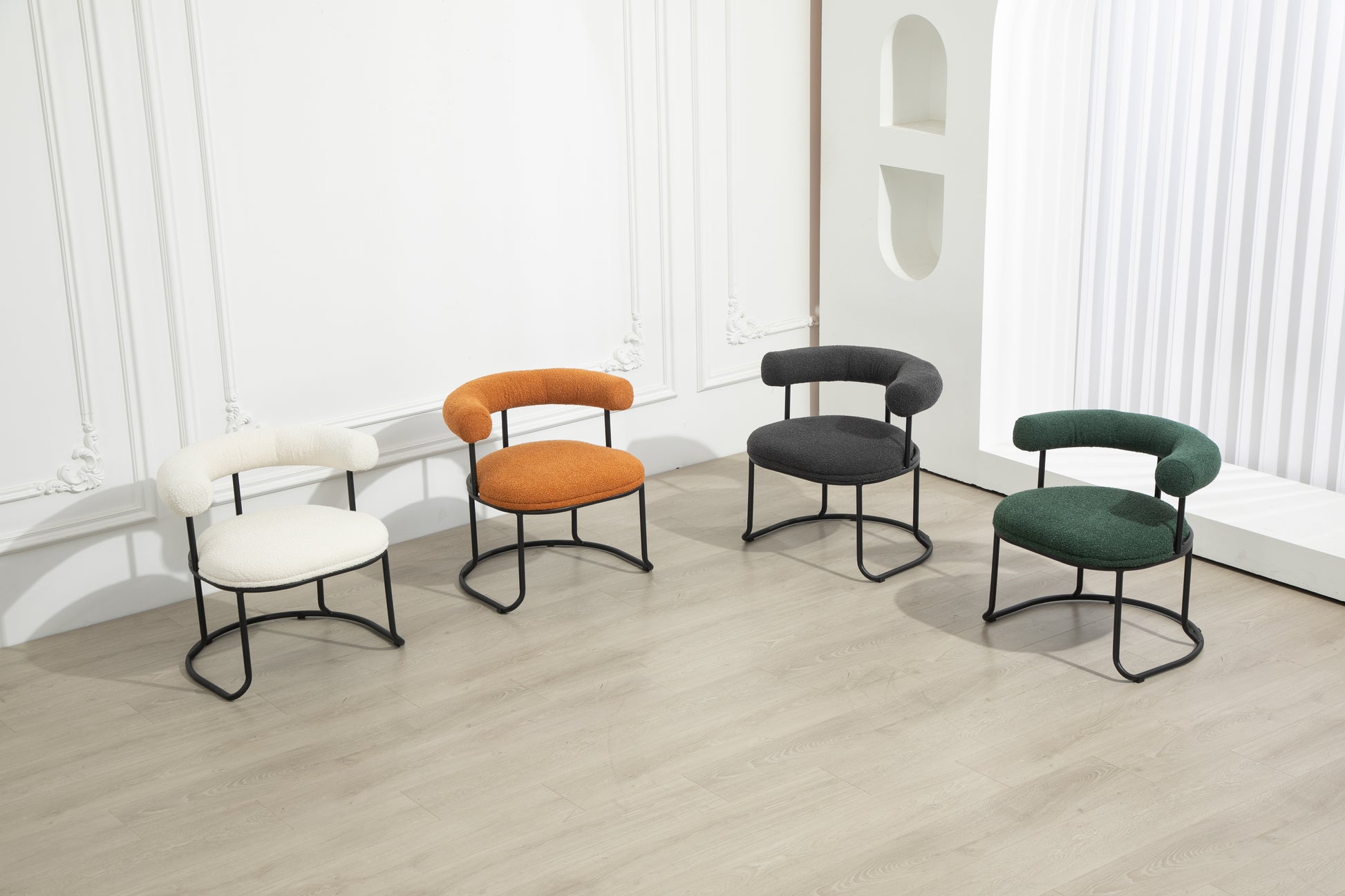 Coolmore Boucle Dining Chairs Set Of 2, Mid Century Modern Curved Backrest Chair, Round Upholstered Kitchen Chairs Emerald Boucle Emerald Foam Mdf Metal