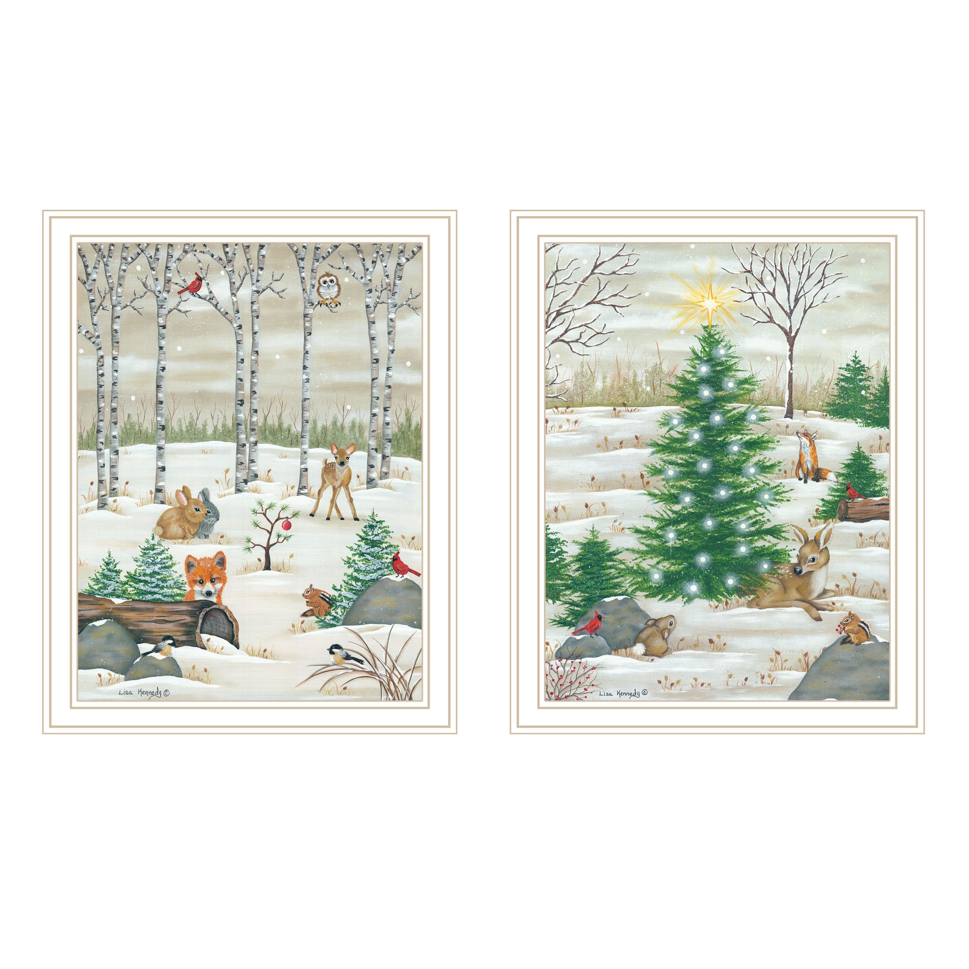 2 Piece Vignette Woodland "Critters For Christmas" White Framed Wall Art For Living Room, Bedroom Wall Art Print For Home Decor By Lisa Kennedy Multi Wood Paper