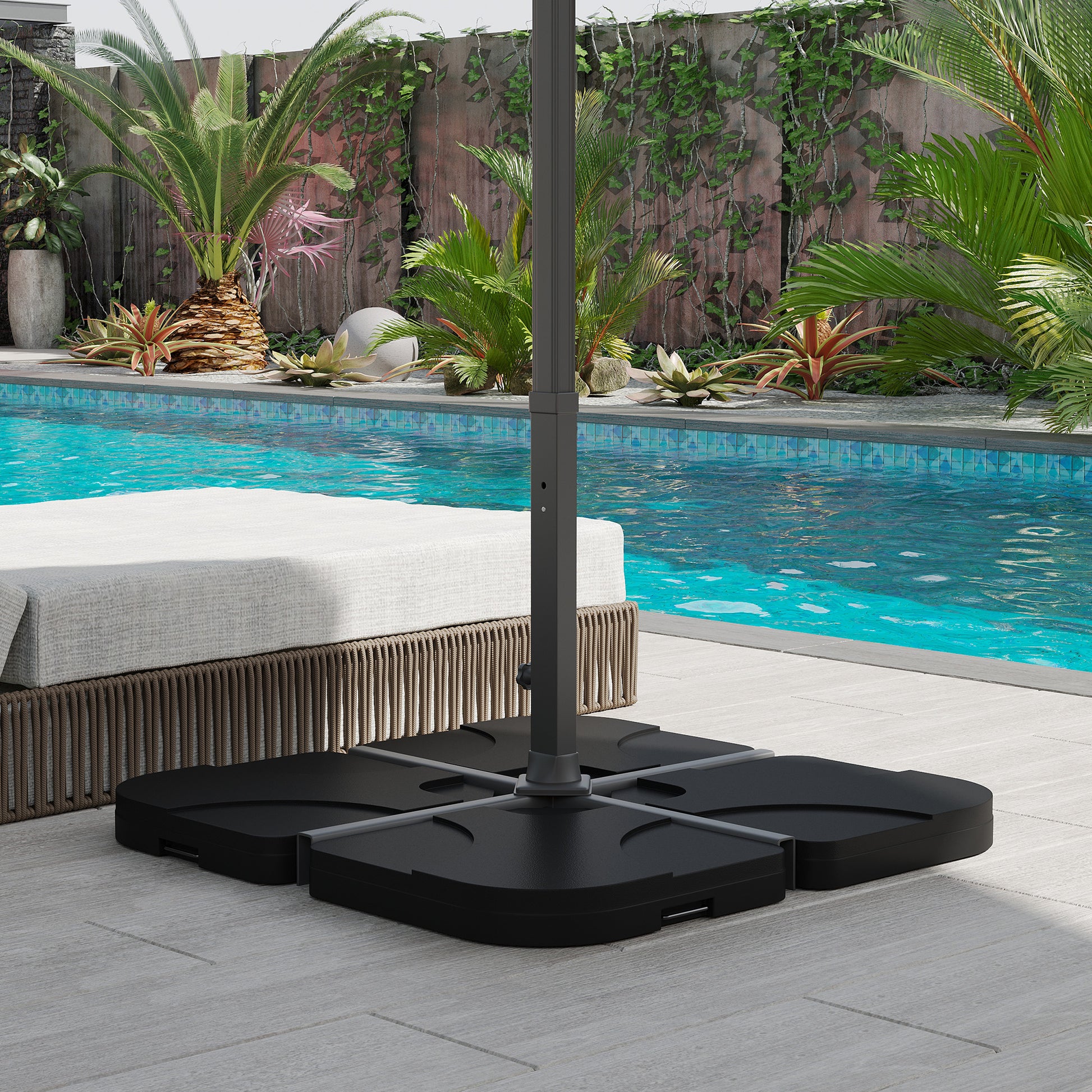 60 pound patio umbrella base Outsunny 4 Pieces Cantilever Patio Umbrella Base Stand, Outdoor Offset Umbrella Weight Plates, 158 Lb Capacity Sand Or 60 Liter Capacity Water, Black