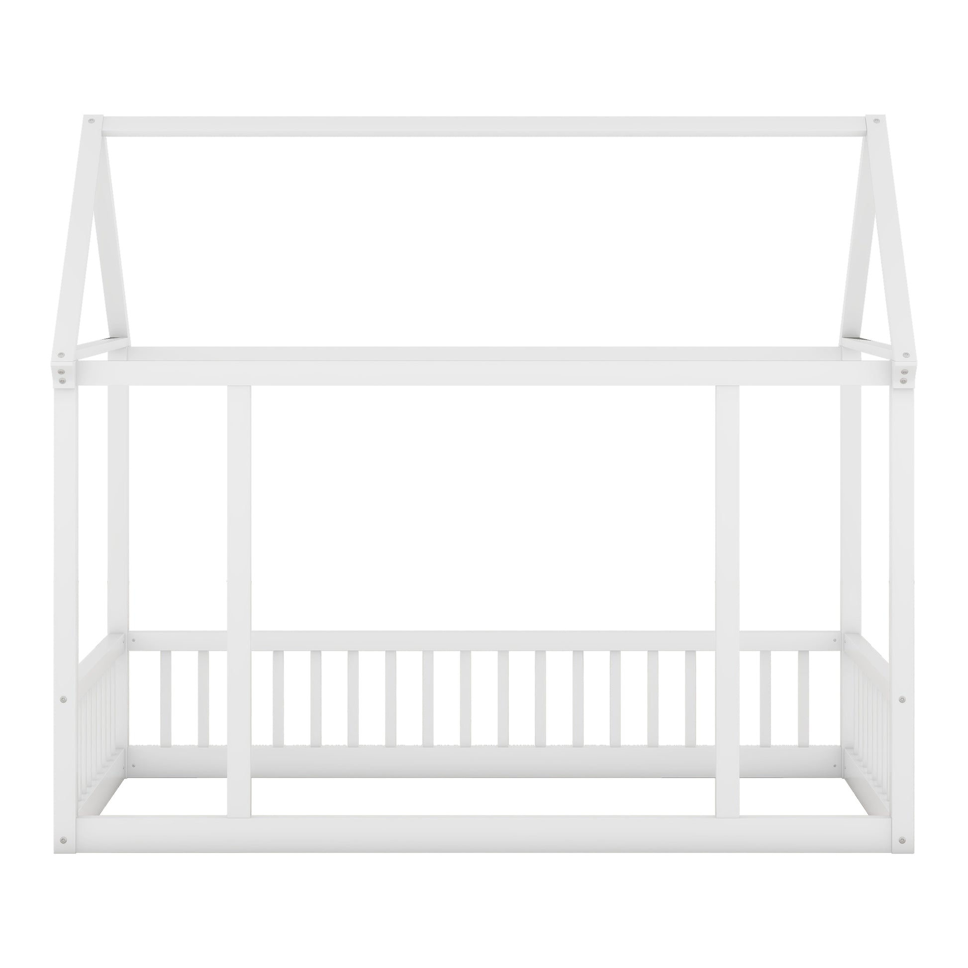 Twin Size Floor Wooden Bed With House Roof Frame And Safety Guardrails ,White Twin White Pine