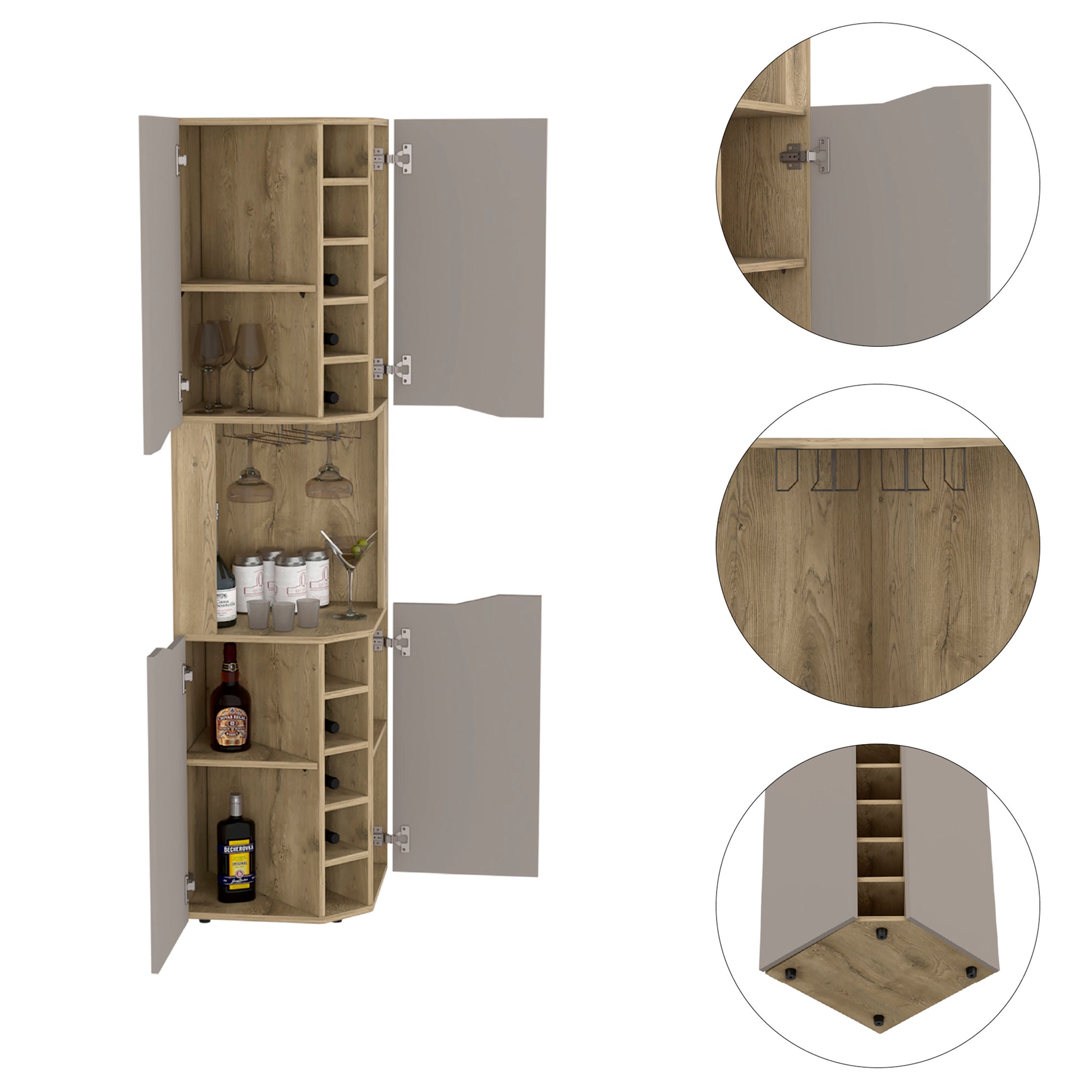 Obregon Corner Bar Cabinet, Ten Built In Wine Rack, Single Door Macadamia Taupe Taupe Natural Kitchen Modern Particle Board