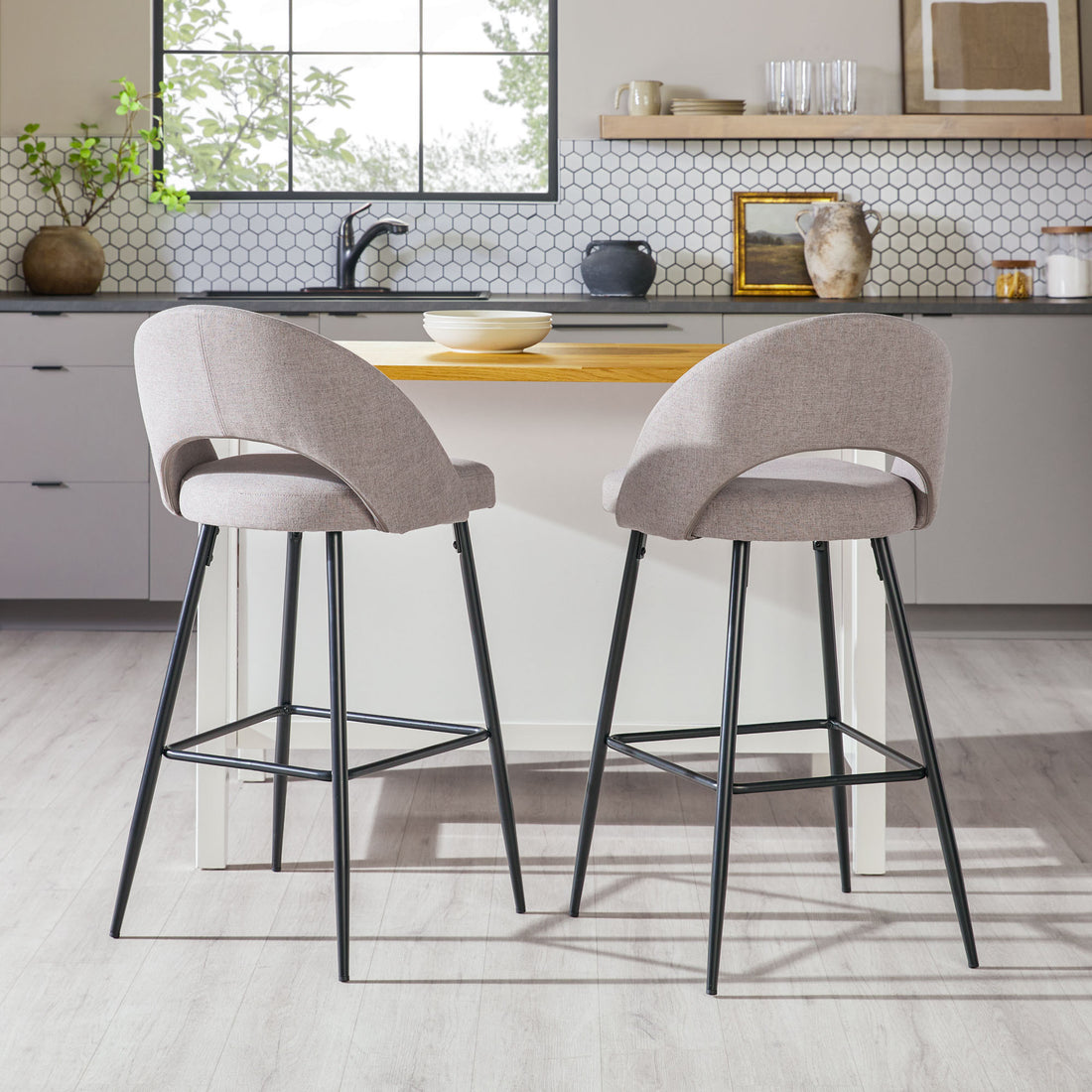 Modern 2 Piece Minimalist Upholstered Bar Stool Set Mushroom Mushroom Mdf Polyester