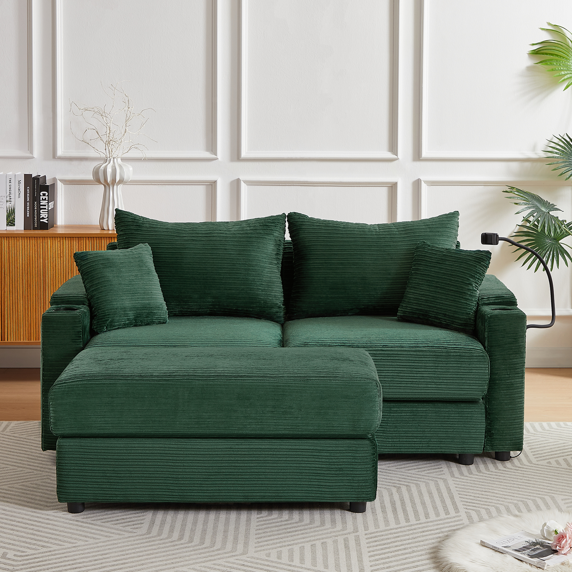 72.8" Modern Style Loveseat Sofa Sectional Sofa Couch With Storage Space, A Movable Ottoman, Two Usb Ports, Two Cup Holders, A Phone Holder For Living Room, Green Green Foam Corduroy 3 Seat