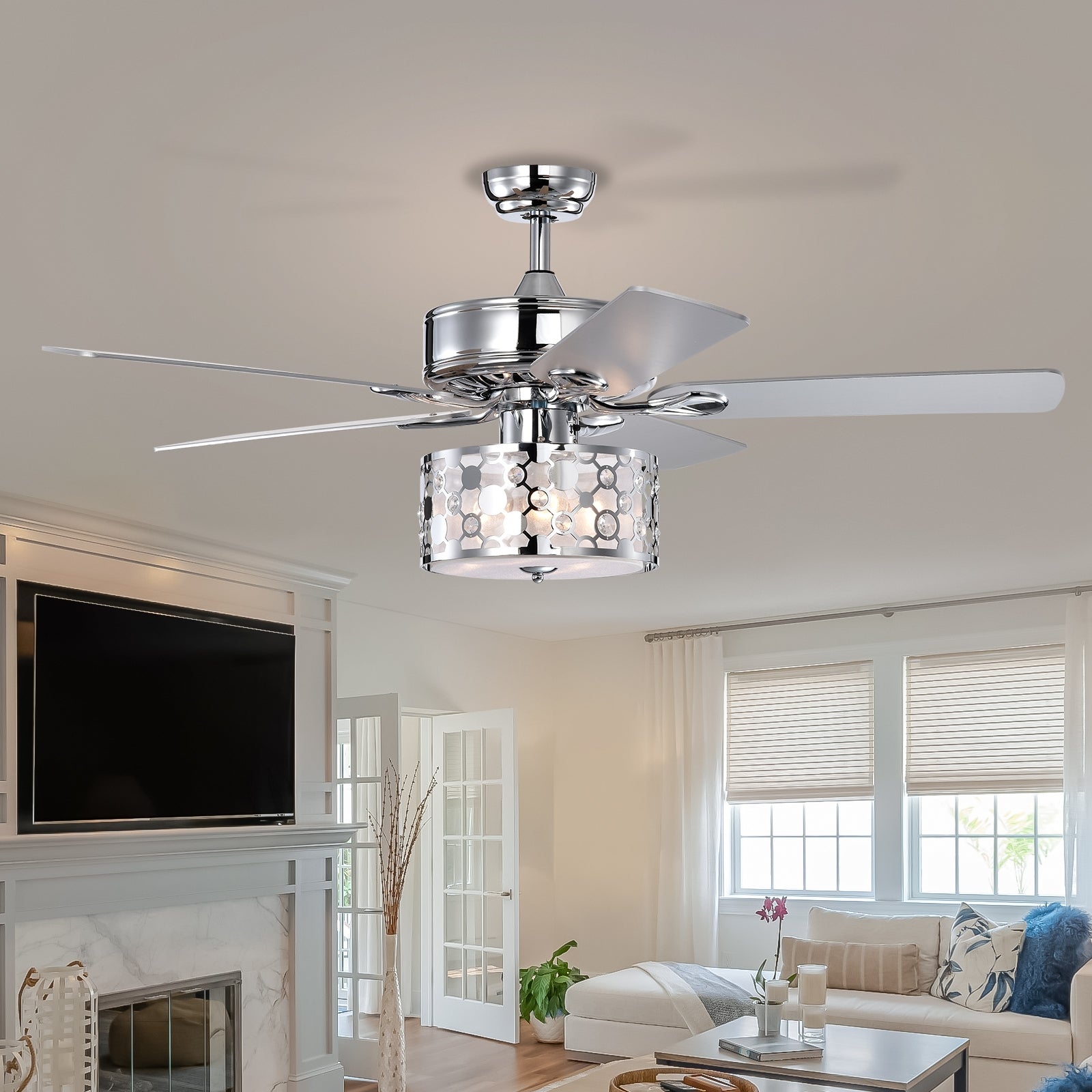 52" Elegant Ceiling Fan Light With Remote, Crystal Chandelier Fan 5 Chrome Reversible Wood Blades For Dinning Room Bedroom Living Room Chrome American Design,Farmhouse,Traditional Crystal Iron