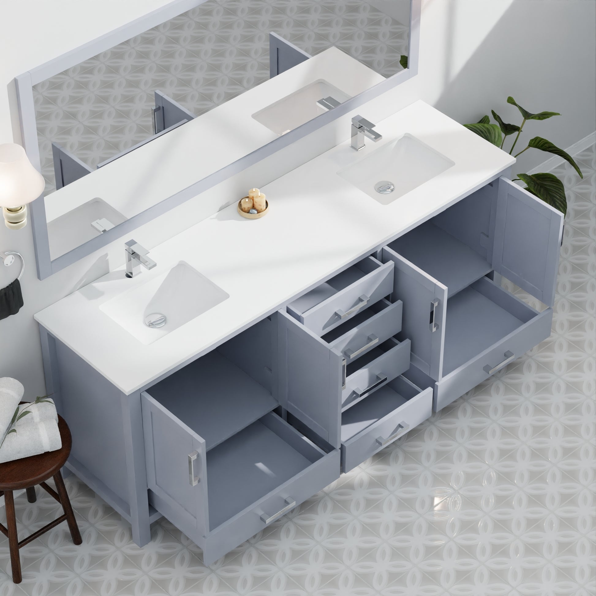 Dark Grey Double Bath Vanity 84 In. W X 22 In. D, White Quartz Top, And Faucet Set Dark Grey Plywood Wood