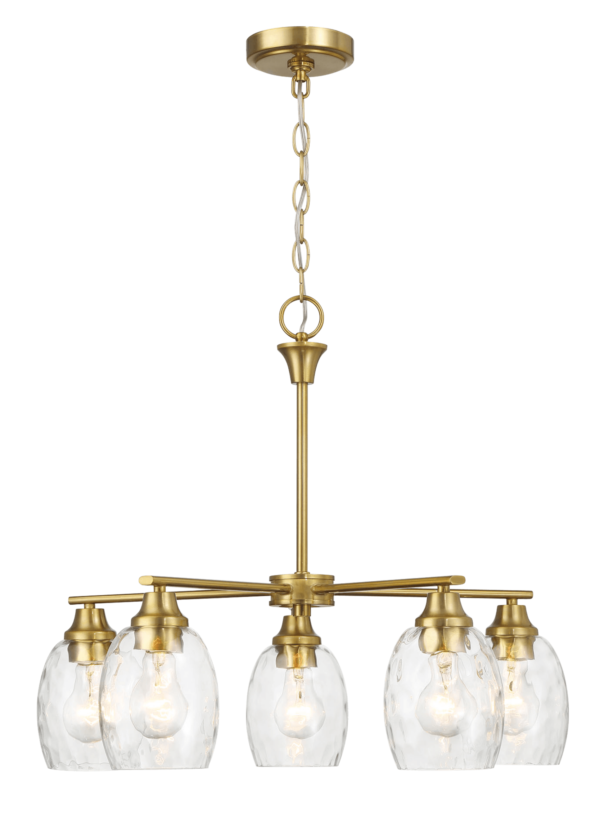 Elegance Five Lights Linear Arms With Golden Brass Finish Chain Chandelier 24"W 8.5"H With Clear Water Glass Clear,Gold Ceiling Lights Brass,Glass